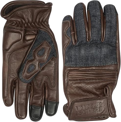 Guantes de moto de mezclilla y cuero (marrón) con pantalla táctil para teléfono móvil