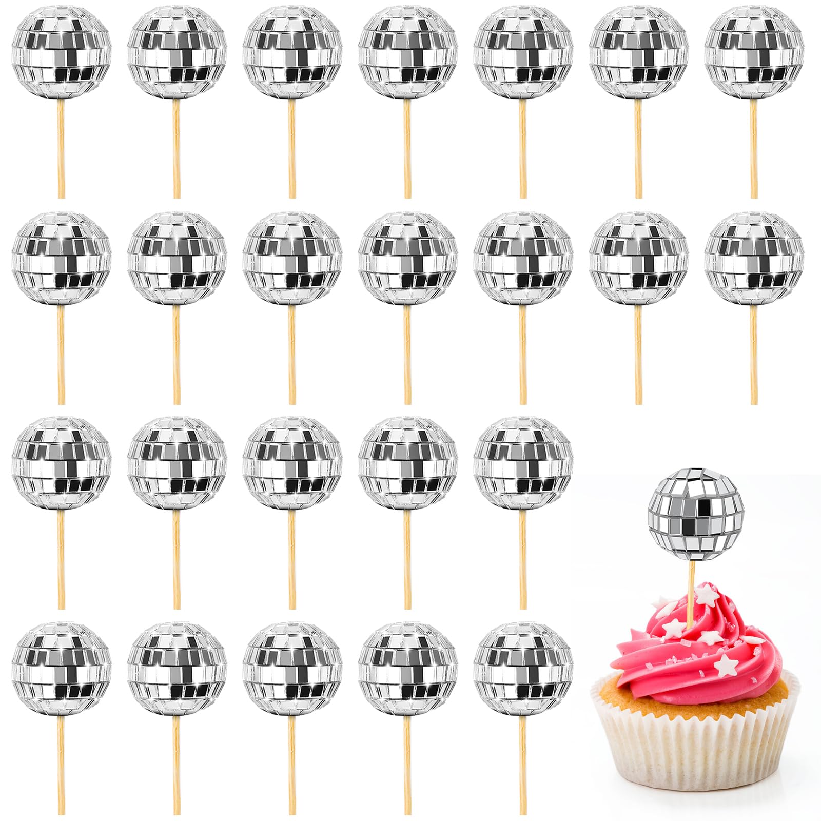 24 Pcs Disco Ball Cupcake Toppers, Mini Disco Ball Cake Picks Birthday Cake Decorations for 1970s Disco Theme Party Favor