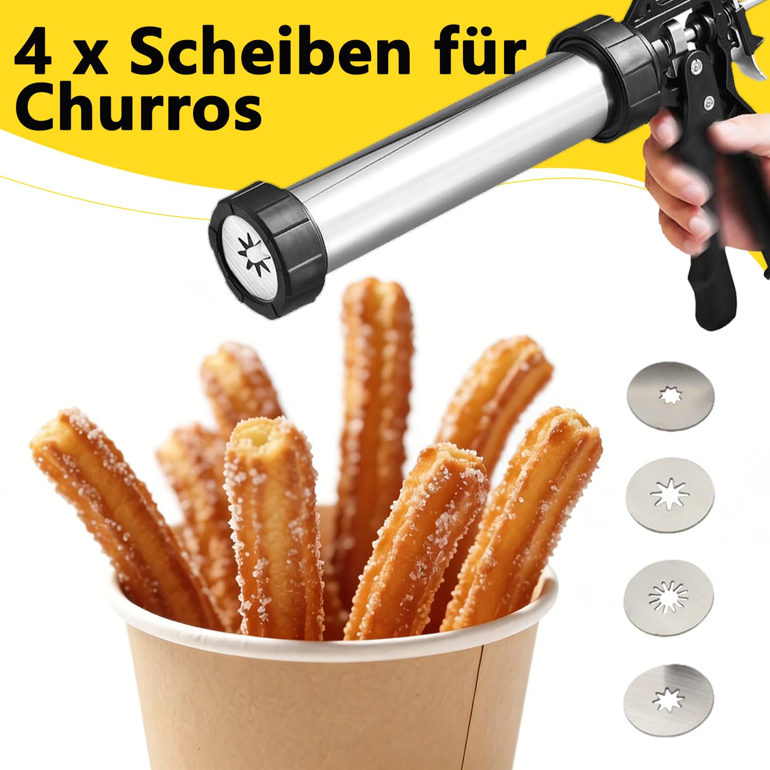 Churro Maker Edelstahl Gebäckpresse, Spritzgebäck Presse mit 10 Schablonen und 7 Edelstahl Tüllen, Teigspritze Kekspresse Gebäckspritze, Plätzchenpresse Backzubehör für Kuchen Dessert Cookie Presse
