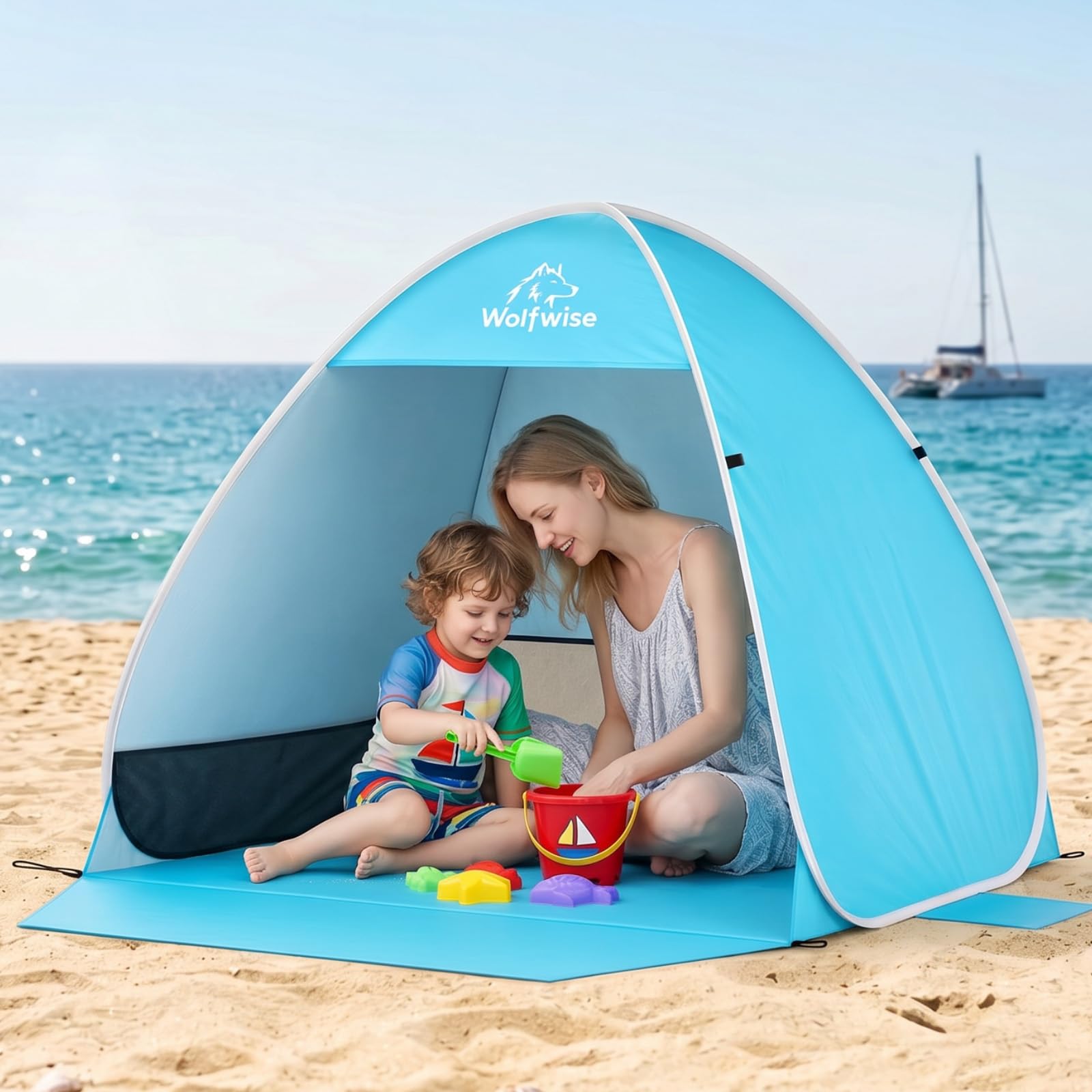 WolfWise Tenda da Spiaggia Pop-Up, Riparo da Spiaggia con Protezione UV 50+, Montaggio in Pochi Secondi, Idrorepellente e Ventilata