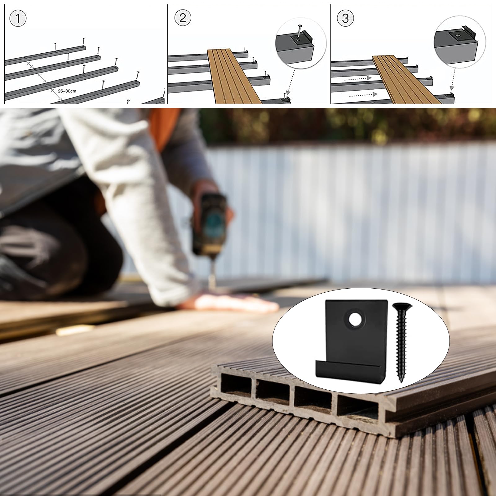 50 pezzi di clip di fissaggio WPC, clip terminali per decking nascoste, clip di avviamento nascoste in acciaio inossidabile, clip di fissaggio per pannello con vite autofilettante (nero, 6 mm)