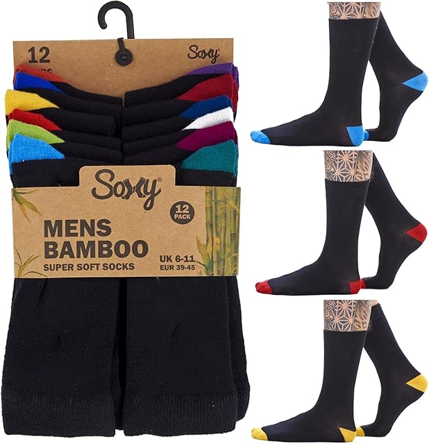 Soxy Bamboo Socks - 12 Pairs - Super Soft Anti Bacterial Breathable Socks - Black Socks with Colour Heel and Toe - UK Size 6-11