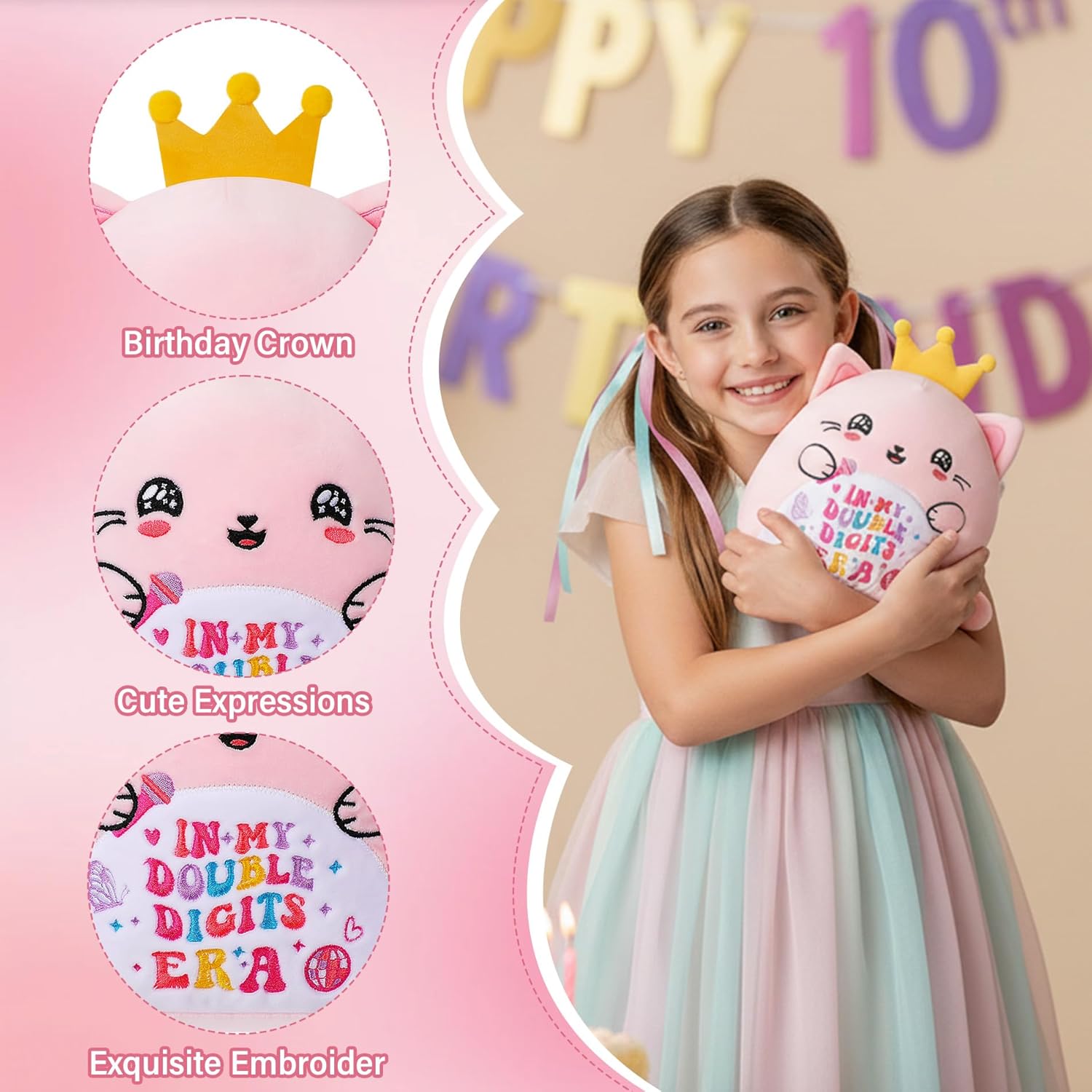 10th Birthday Gifts Cat Plush – Pink Cat Stuffed Animal with Crown for Girl Birthday Party Decoration 10 Years Old Girls in My Double Digits Era Themed 10 Inch - Image 7