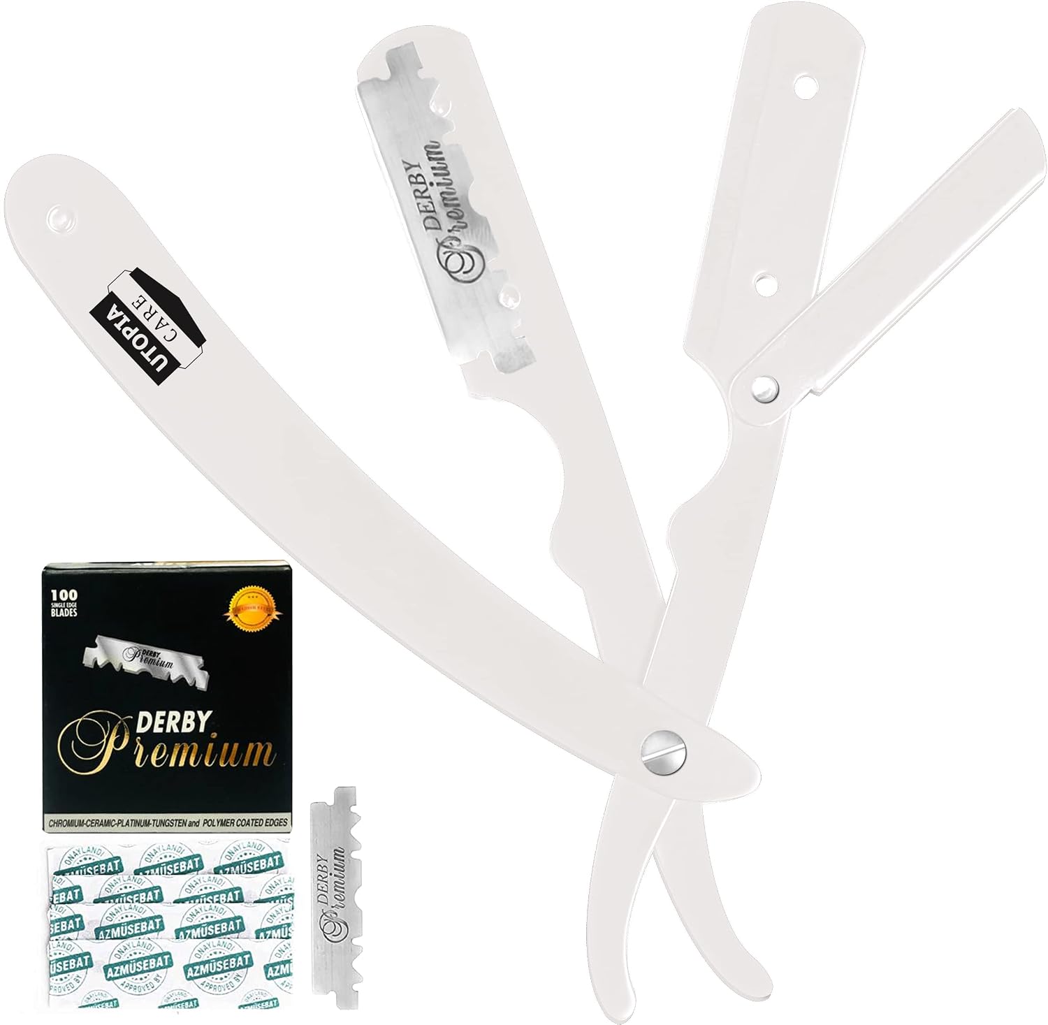 Utopia Care Professional Barber Straight Edge Razor Safety with 100-Pack Derby Blades - 100 Percent Stainless Steel (Blue)