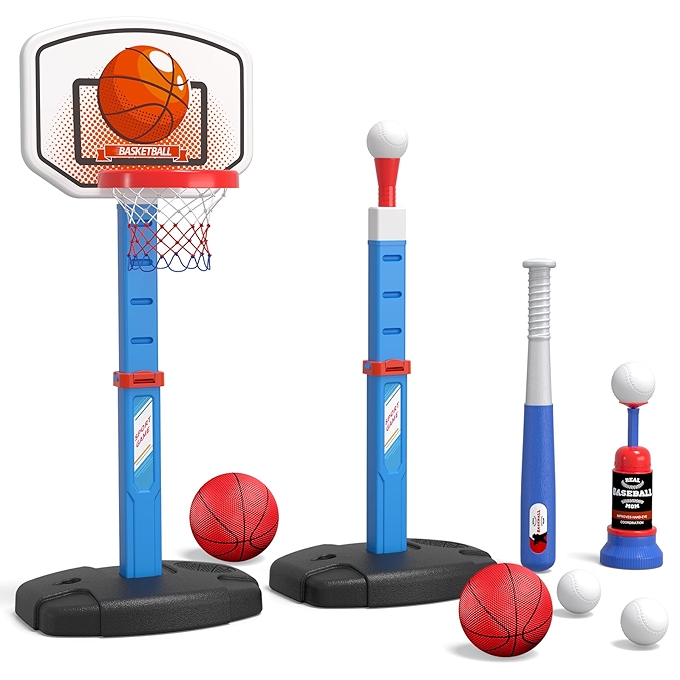 HYES 2合1儿童篮球架与棒球套装 - 可调高度室内外运动玩具