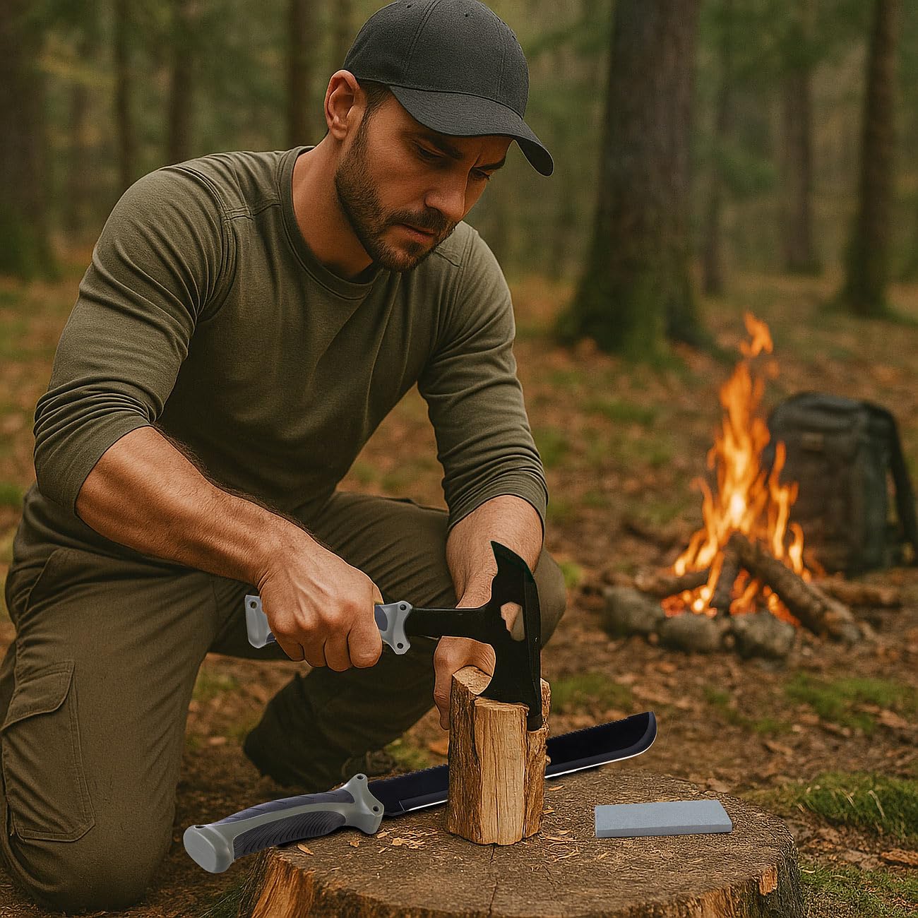 Semptec Urban Survival Technology Axt: Outdoor Survival Beil-Set inkl. Messer & Machete, 3 Gürtelscheiden (Klinge Messer, Multifunktionsset, Schleifstein)