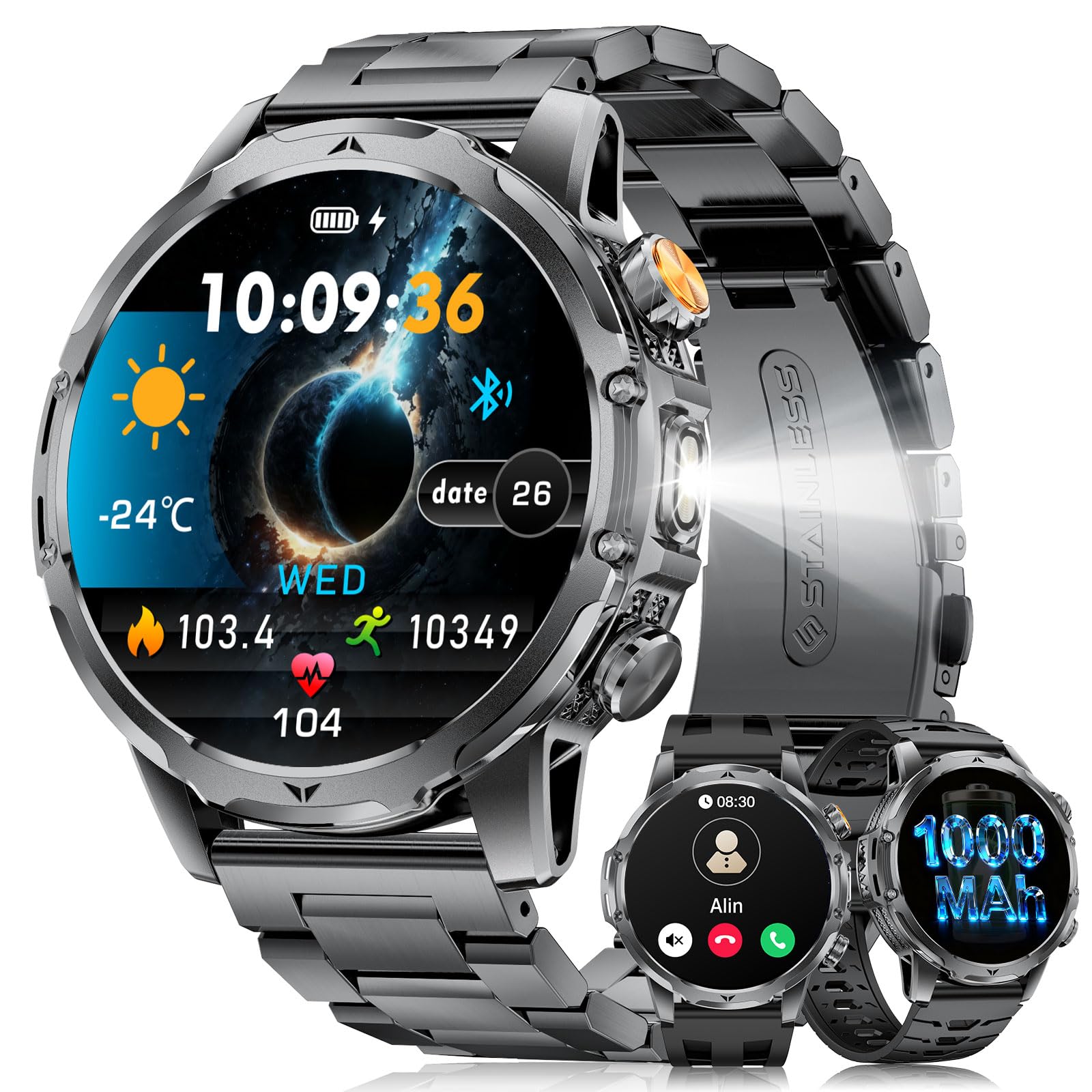 Montre Connectée Homme avec 1000mAh/Poche, 1,53" HD Écran Militaire Smartwatch avec Appel Bluetooth, 120+ Sportmodi, IP68 Étanche, Fréquence Cardiaque, Moniteur de Sommeil pour iOS Android