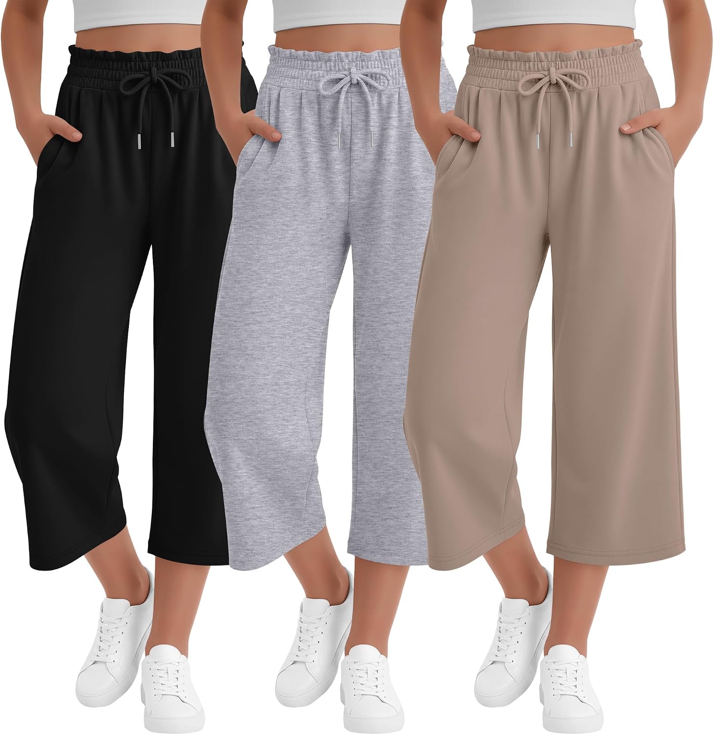 3 Pack Girls' Capris Teen Wide Leg Capri Pants Drawstring Lettuce Elastic Waist Loose Fit Sweatpants with Pockets
