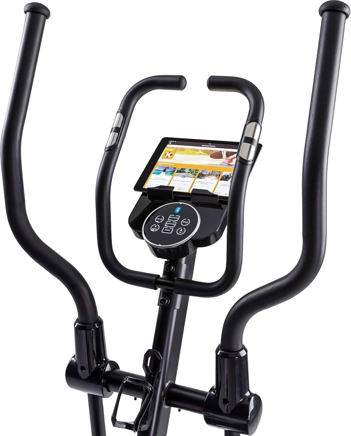 A tablet securely placed in the holder of the Tunturi Fitcross 50i Crosstrainer.