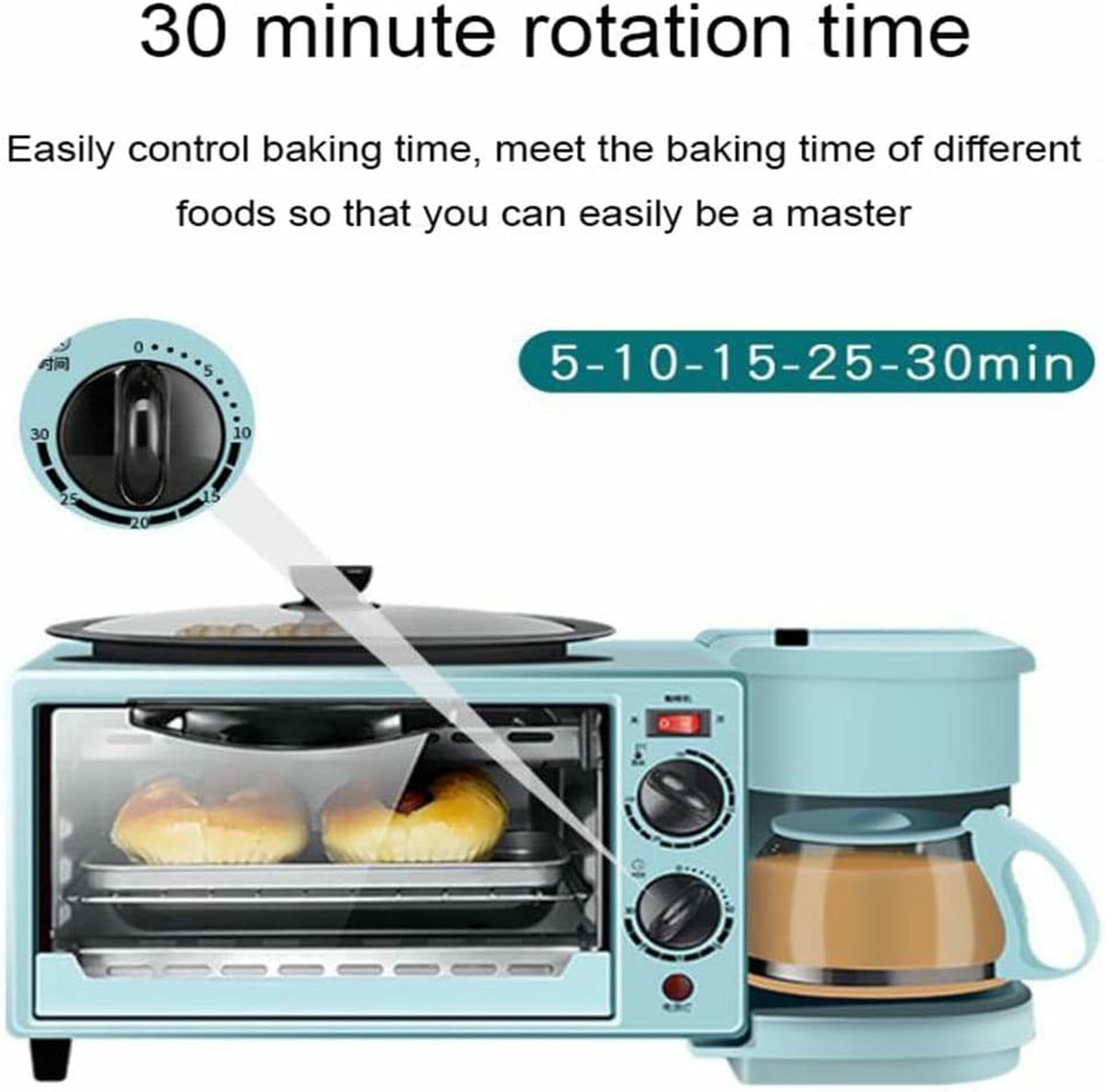 Stazione per La Colazione 3 in 1, Macchina per La Colazione Elettrica con Timer, Tostapane con Padella E Macchina per Il caffè, per L'angolo Cottura degli Appartamenti
