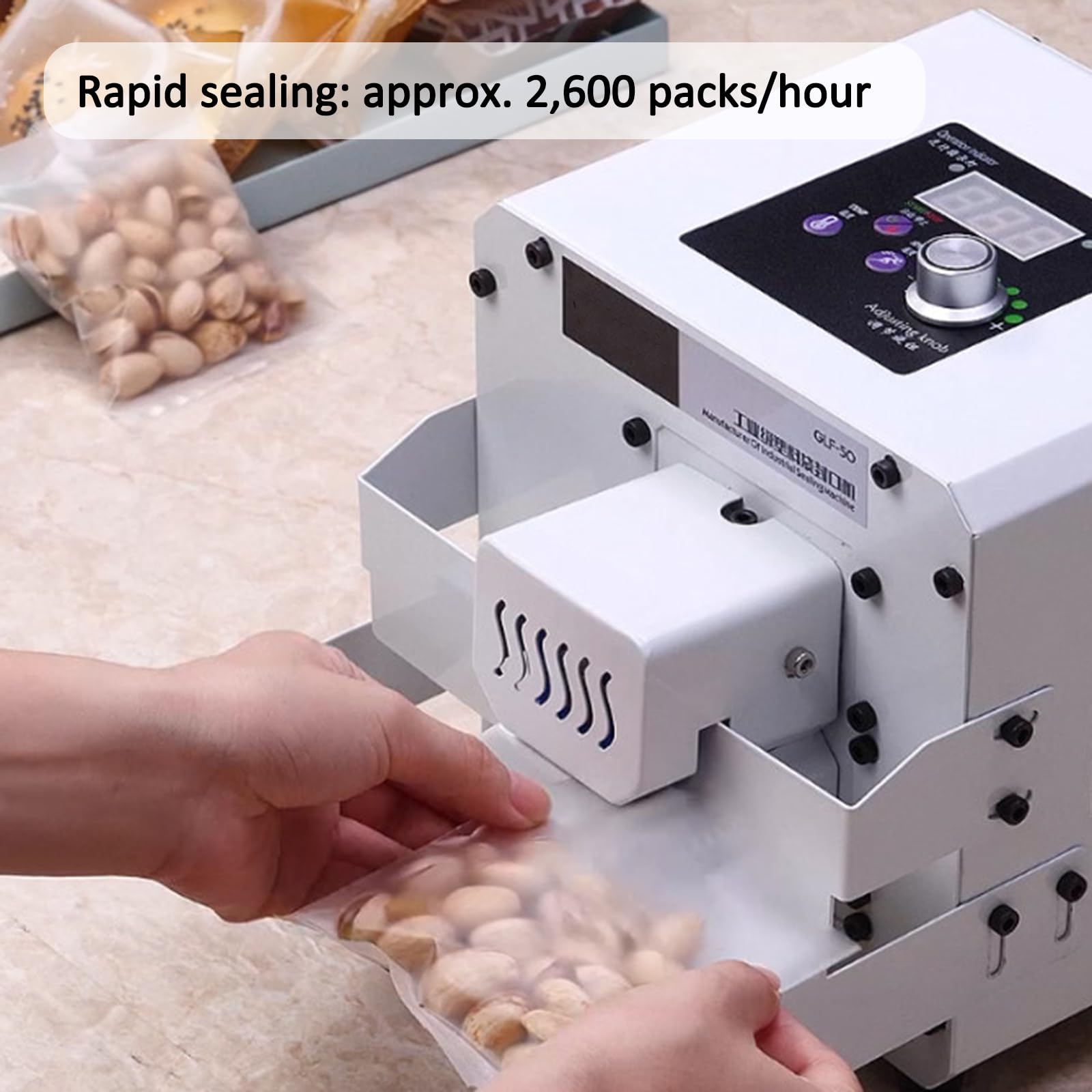 Scelleuse en Continu Automatique pour Sachets (Plastique/PVC), Modèle De Comptoir avec Réglage Numérique De La Température Et De La Vitesse Et Hauteur Ajustable; pour Un Usage Commercial