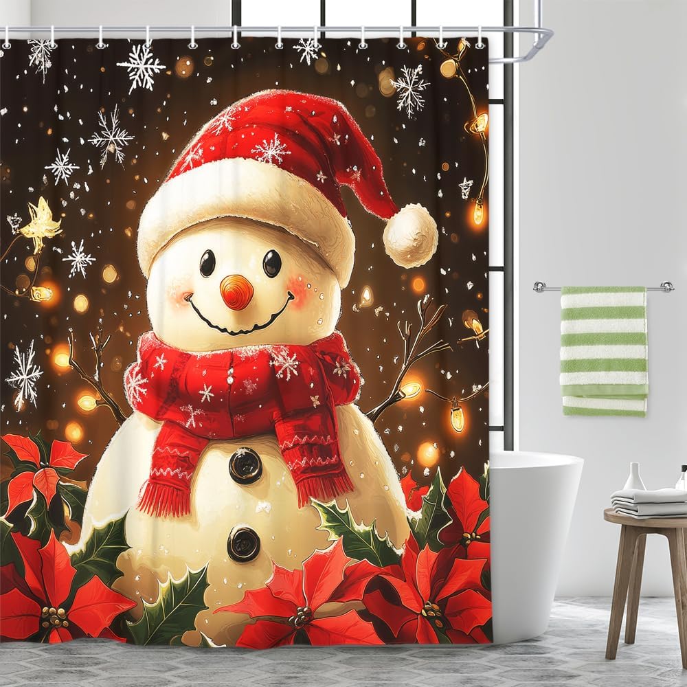 Christmas Snowman Shower Curtain, Red Winter Xmas Snowflake Merry Christmas Shower Curtain Set for Bathroom Decor, Holiday New Year Decorations Fabric Shower Curtains with Hooks 70X84IN