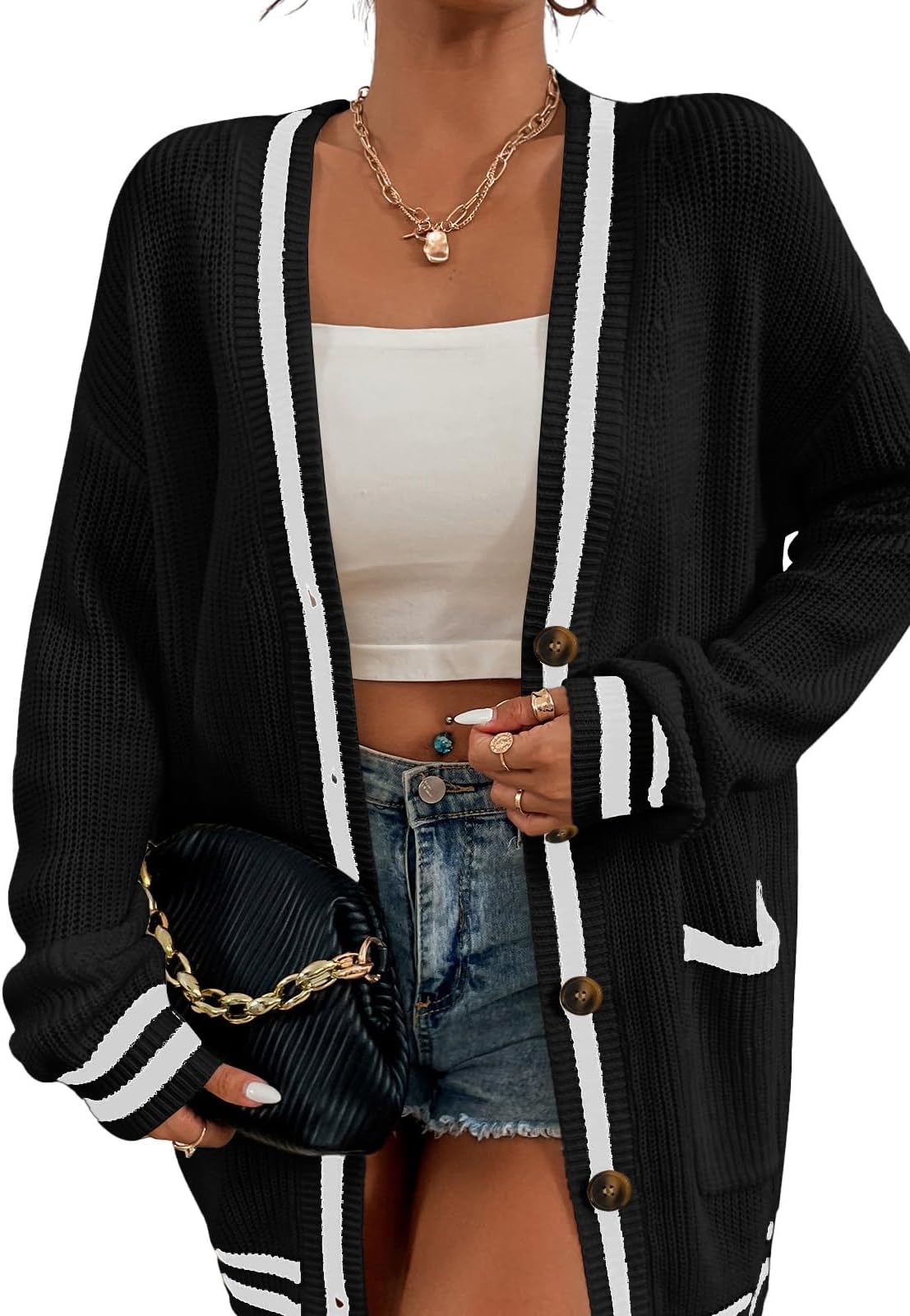 FERBIAWomens Striped Lightweight Cardigan Sweaters Open Front Long Sleeve Cardigans Fall Waffle Knit Coat with Pockets