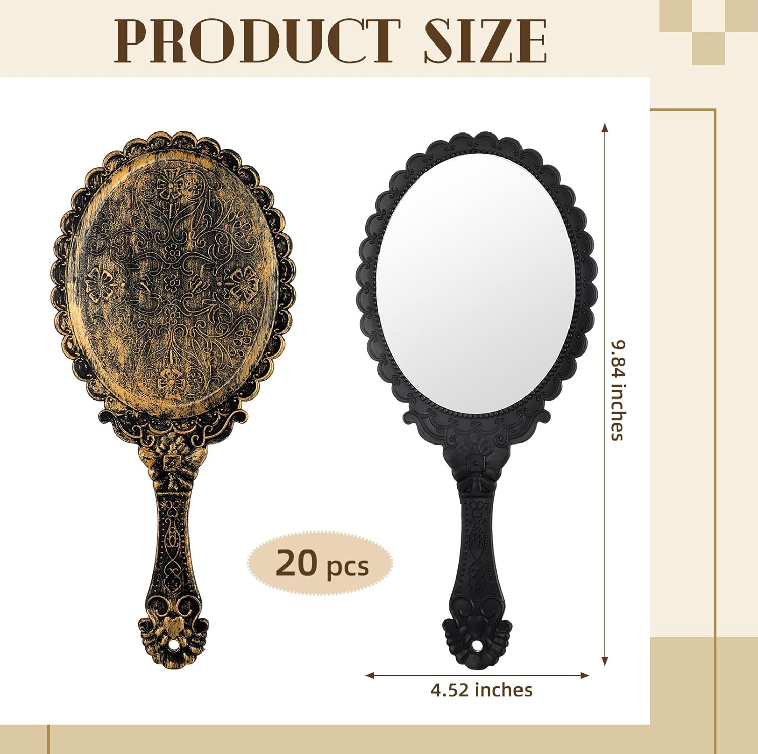 Namalu 20 Pcs Vintage Handheld Mirrors, 9.8" l x 4.5" W Portable Hand Held Embossed Flower Retro Compact Mirror with Handle for Women Face Makeup Travel Mother‘s Day Gift(Vintage, Black)