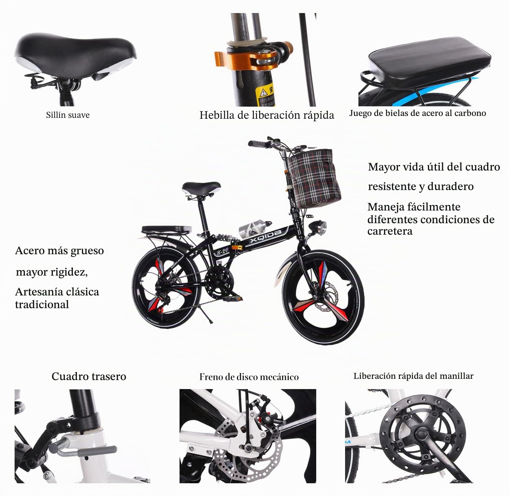 Bicicleta plegable de 20 pulgadas para adultos hombres y mujeres adolescentes Bici Plegable,absorción de doble choque delantera y trasera,6velocidades variables,freno de disco doble,negr
