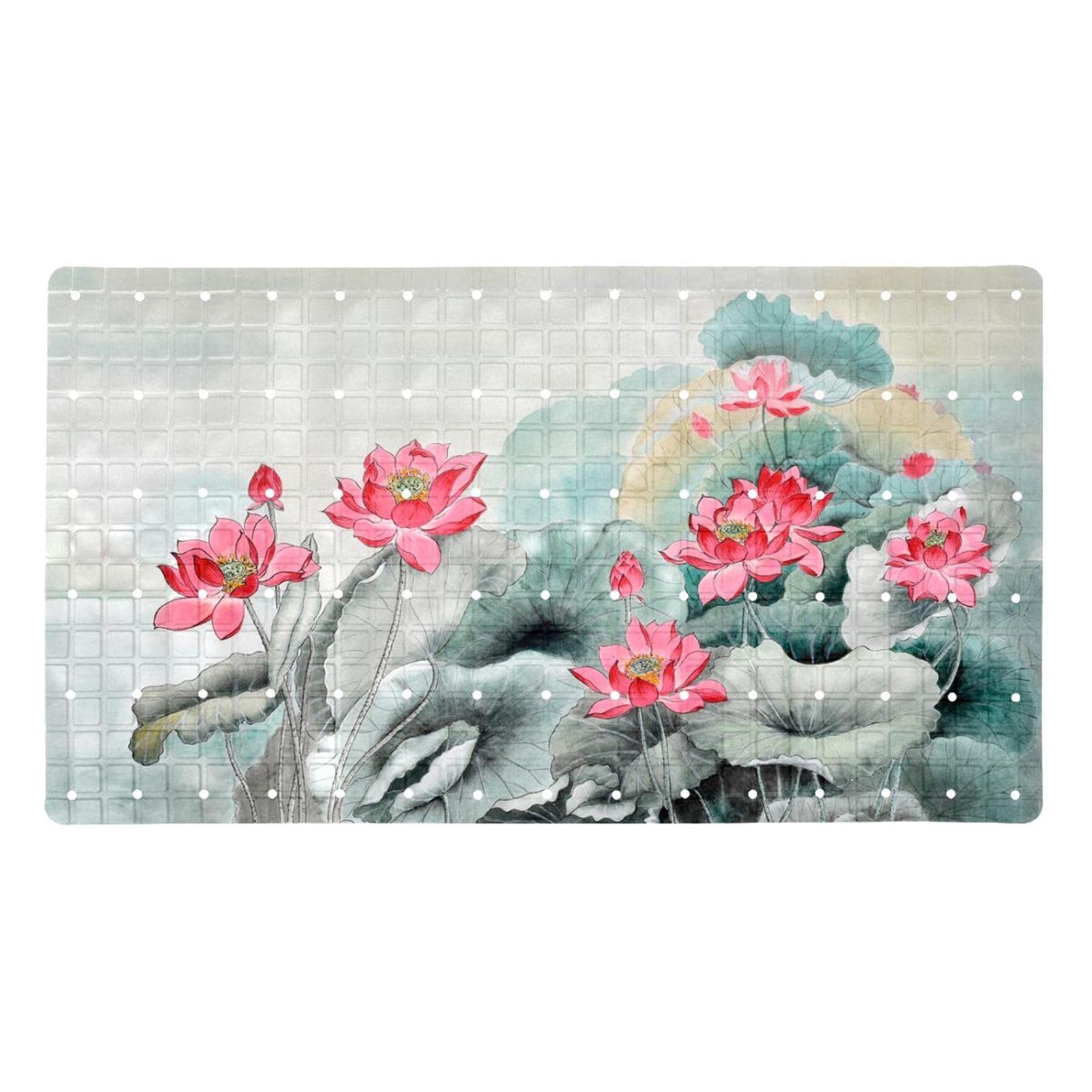 Tapis de bain antidérapant lotus chinois gris doux avec trous de drainage