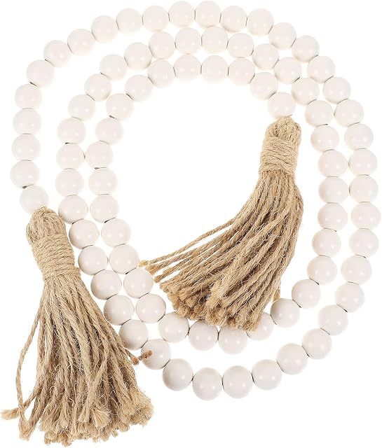 Wakauto Wooden Bead Tassel Garland 56in Farmhouse Beads with Tassel for Dining and Coffee Table Decor Christmas Decoration White
