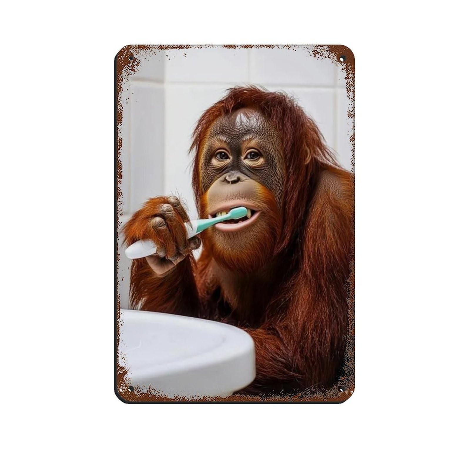 Orangutan Brushing Teeth, Funny Bathroom Art Retro Poster Metal Tin Sign Chic Art Retro Iron Painting Bar People Cave Cafe Family Garage Poster Wall Decoration 8x12inch(20x30cm)
