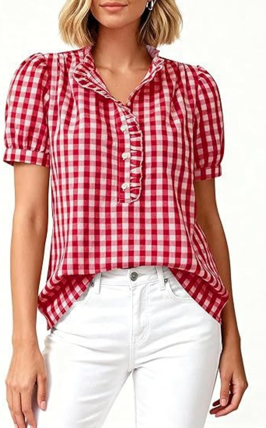 MINTLIMIT Womens Plaid Blouse Peasant Button Down Ruffle Neck Plaid Puff Short Sleeve Gingham Blouse Shirts