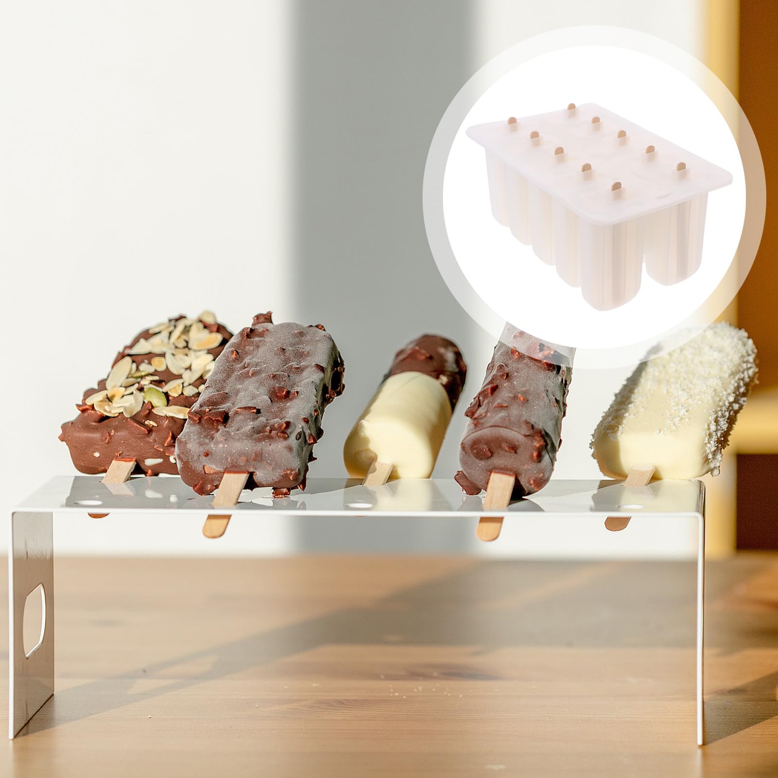 Baluue Moule à Glace DIY en Silicone Alimentaire Semi-Transparent 10 Cavités avec 62 Bâtonnets en Bois Assortis pour Préparation Maison D’Été Facile et Réutilisable