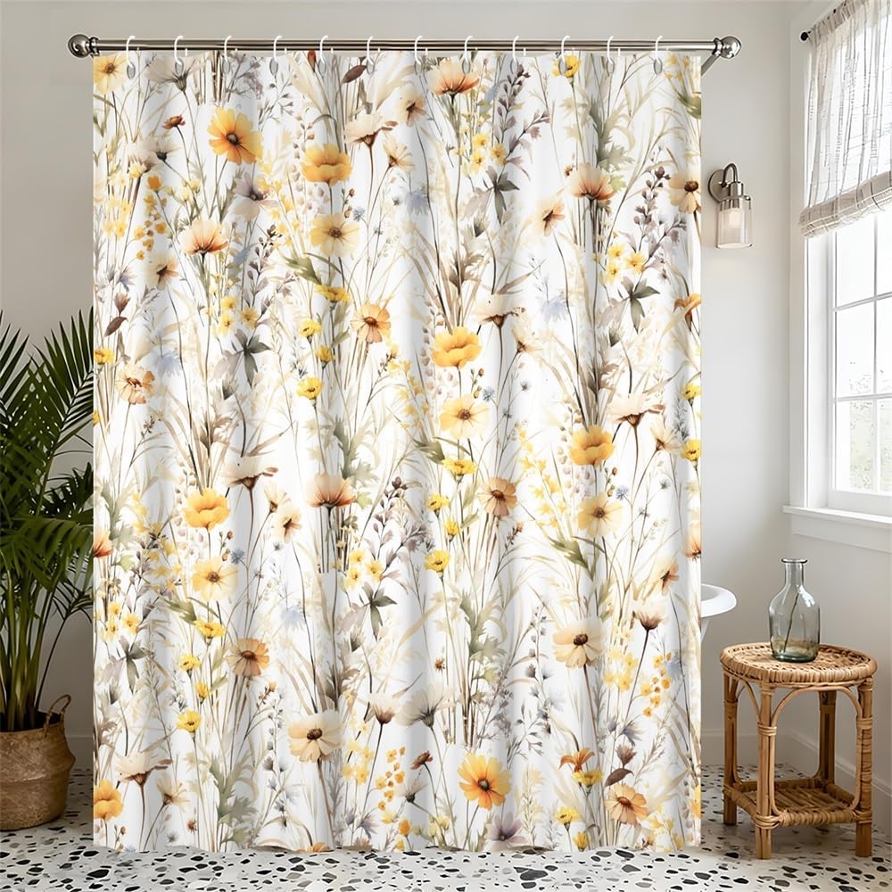 Fabric Polyester Yellow Floral Shower Curtain Garden Field Wildflowers Botanical Plants Decorative Bath Curtain for Woman Girly Bathroom Bathtub Liner Waterproof with Hooks,72x78inch