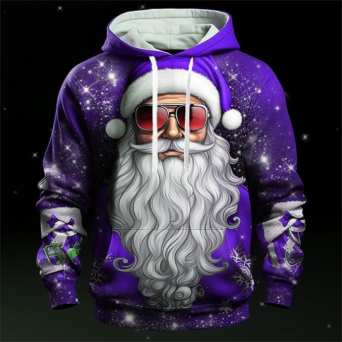 Pull De Noël Homme Sweat à Capuche - Impression 3D Renne Drôle - Polaire Doux - Poche Kangourou - Cadeau Festif