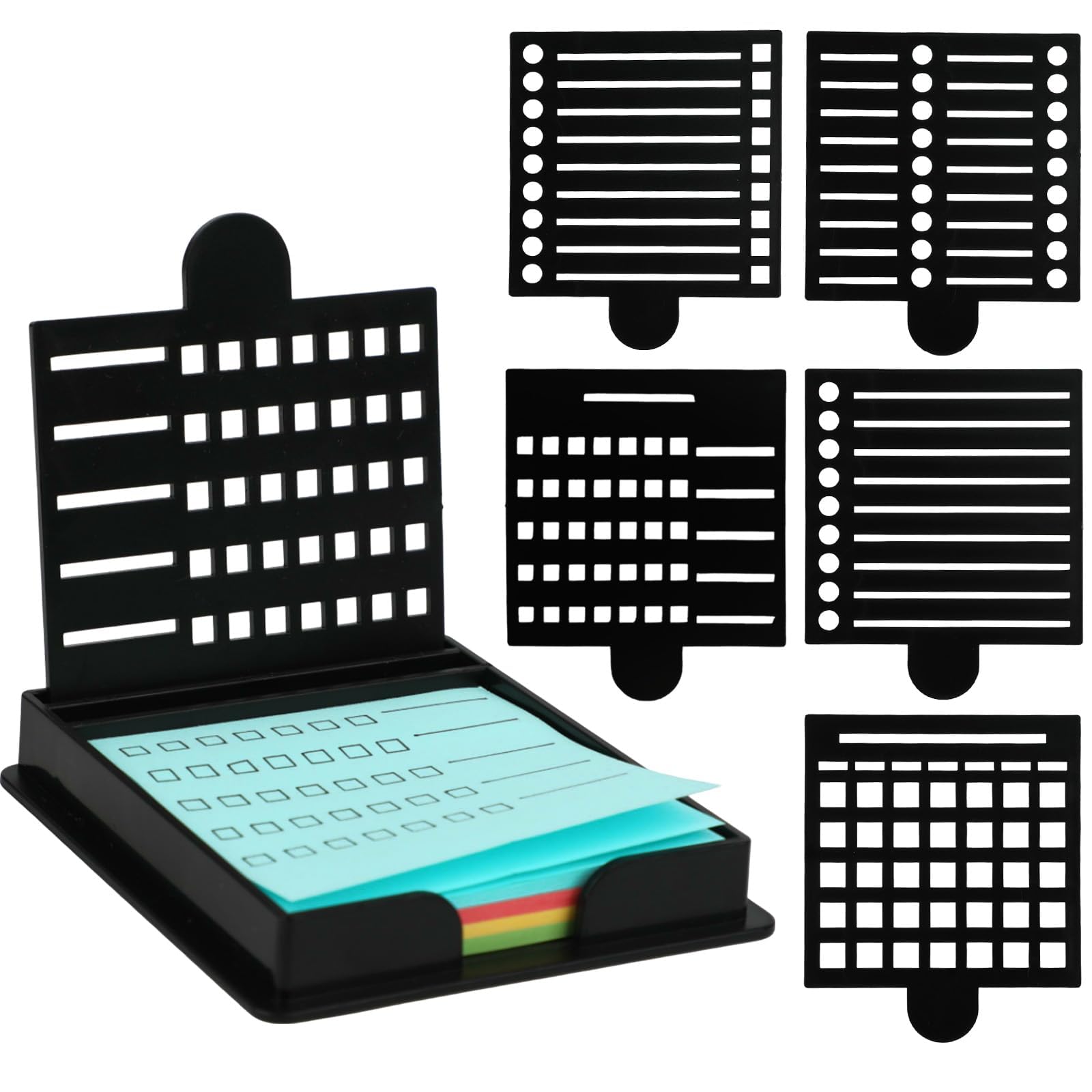 Ktxaby Sticky Note Holder with Stencil Set,100 Sheets 3x3 Inch Sticky Notes Dispenser with 5 Styles Line Drawing Templates,Reusable Memo Pad Organiser for Desk Office Home School Supplies(Black)
