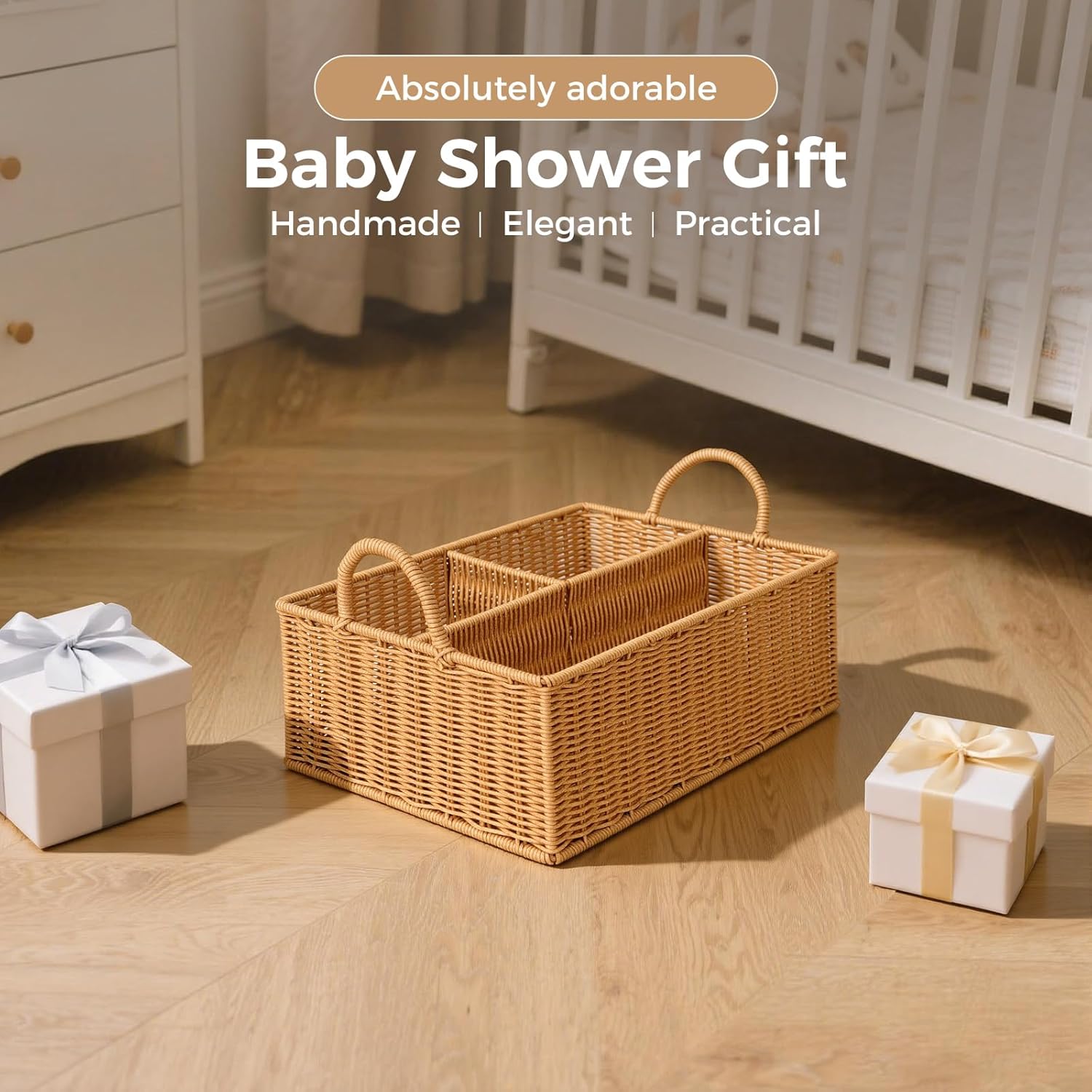 Diaper Caddy Organizer, Hand Rattan Nursery Baby Basket Changing Table Organizer for Baby Essentials, Baby Shower Gifts, Versatile Shelf Basket Bathroom/Kitchen Organizer (Natural, L)