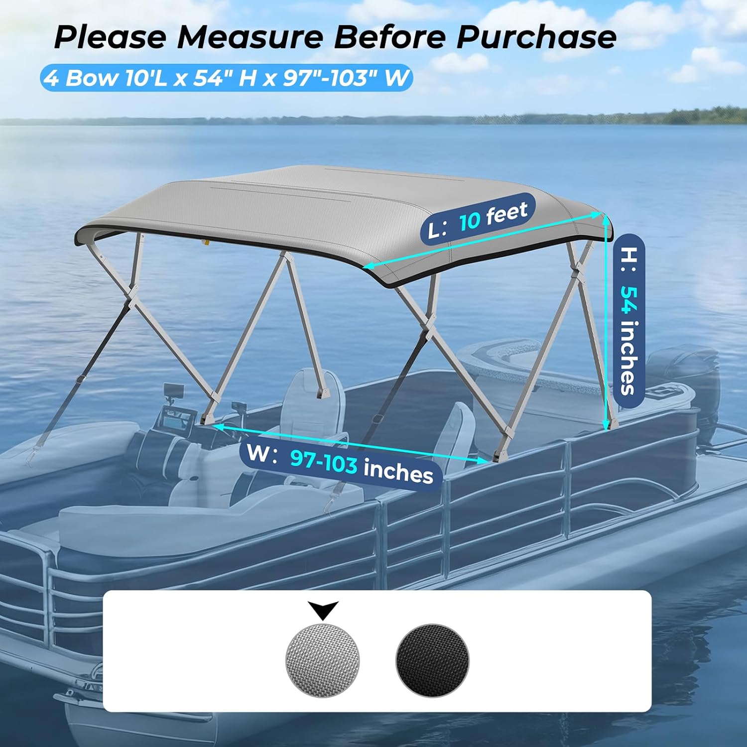 KAKIT Bimini Tops for Pontoon Boats with 2 Mesh Sidewalls Square Frame 600D Oxford Top with Rear Support Poles, Storage Boot 1 Inch Aluminum Frame(4 Bow 10'L 54" H 97"-103" W,Gray)