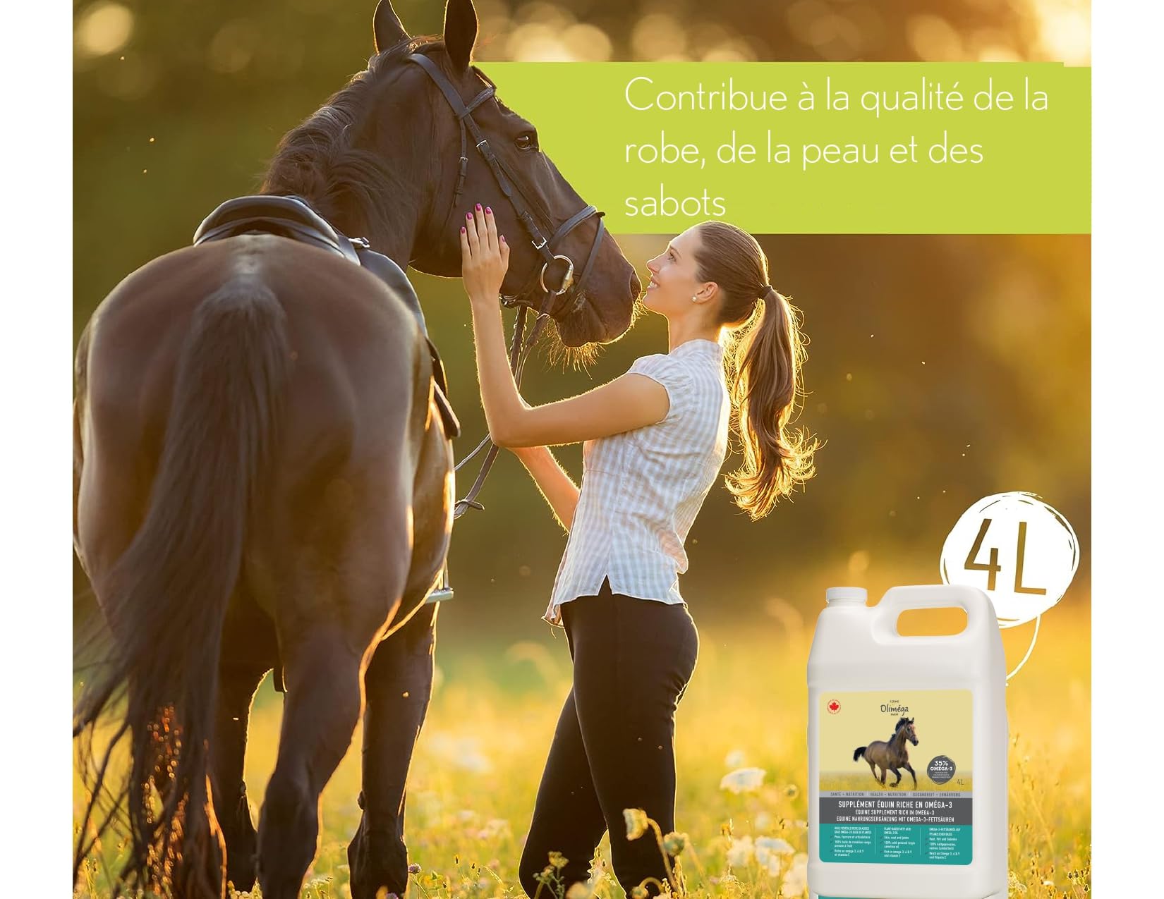 Ferme Oliméga, Huile de Caméline pour Chevaux 4L, Riche en oméga-3 polyinsaturés, Vitamine E, Pure et Pressée à Froid. Articulation Produit du Canada.
