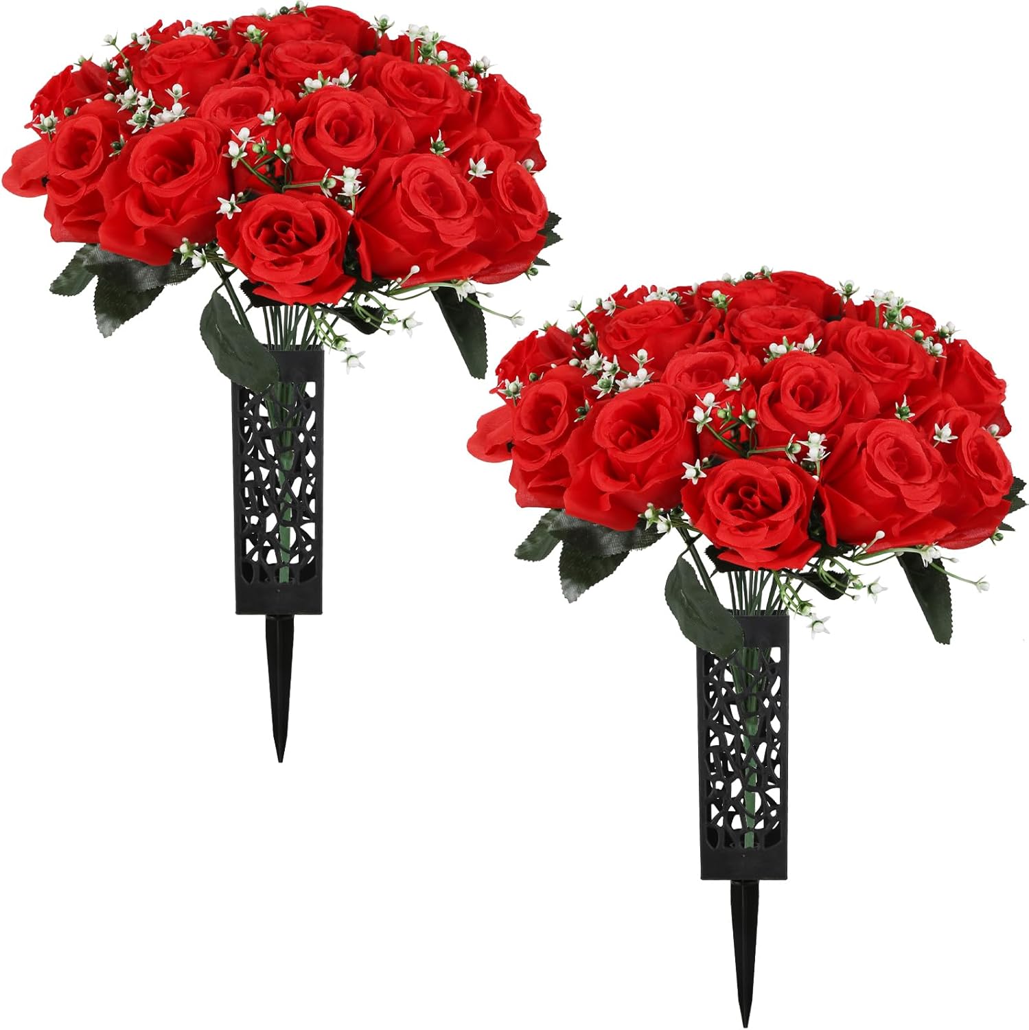 2 Sets Artificial Cemetery Flowers for Grave, Outdoor Roses Funeral Flowers with Cemetery Vase, Memorial Flowers Arrangements Bouquet Vibrant and Long-Lasting Colors(White+Red)