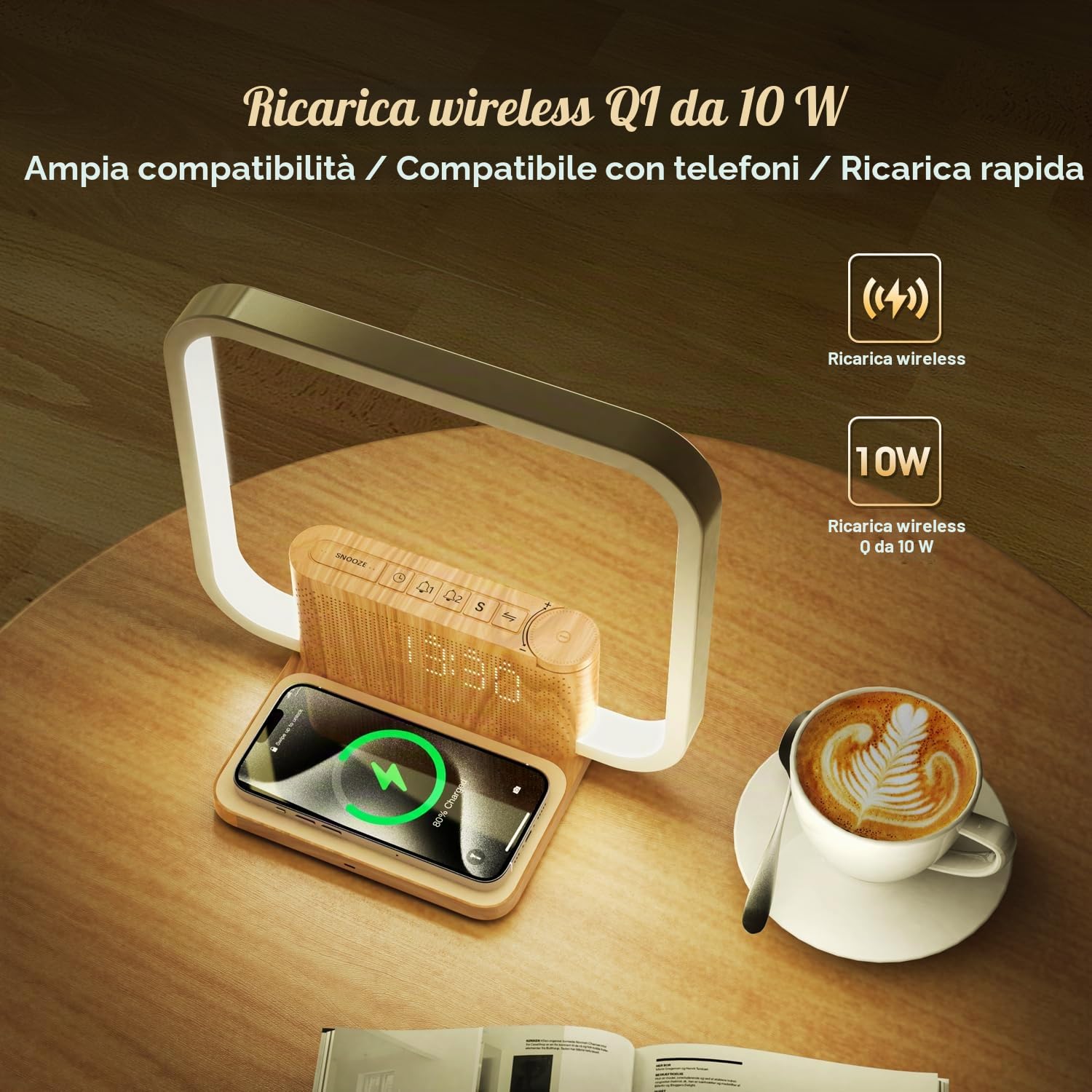 Lampada da comodino con ricarica wireless 10 W, luce Wake Up, 10 suoni naturali, aiuto per addormentarsi e lampada da tavolo dimmibile 3 livelli