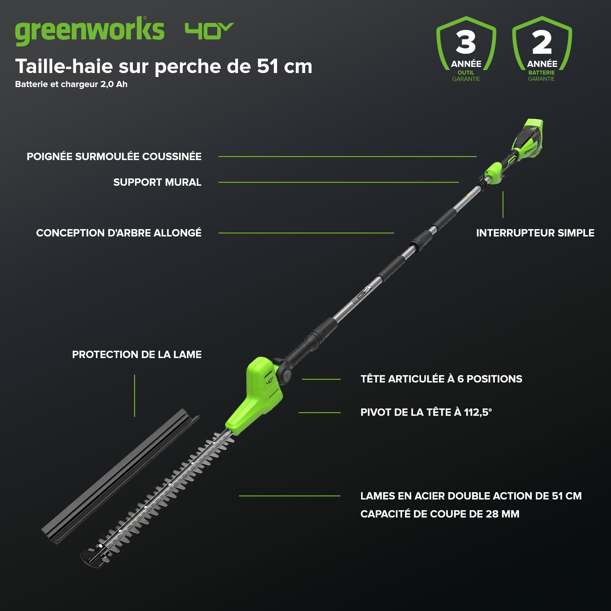Greenworks 40V Cortasetos Pértiga Eje Divisible, Cuchillas Doble Acción 51 cm, Corta Ramas 28 mm Grosor, Pivote Cabezal 112.5°, 3200 SPM, Batería 2 Ah y Cargador PH40B01-01