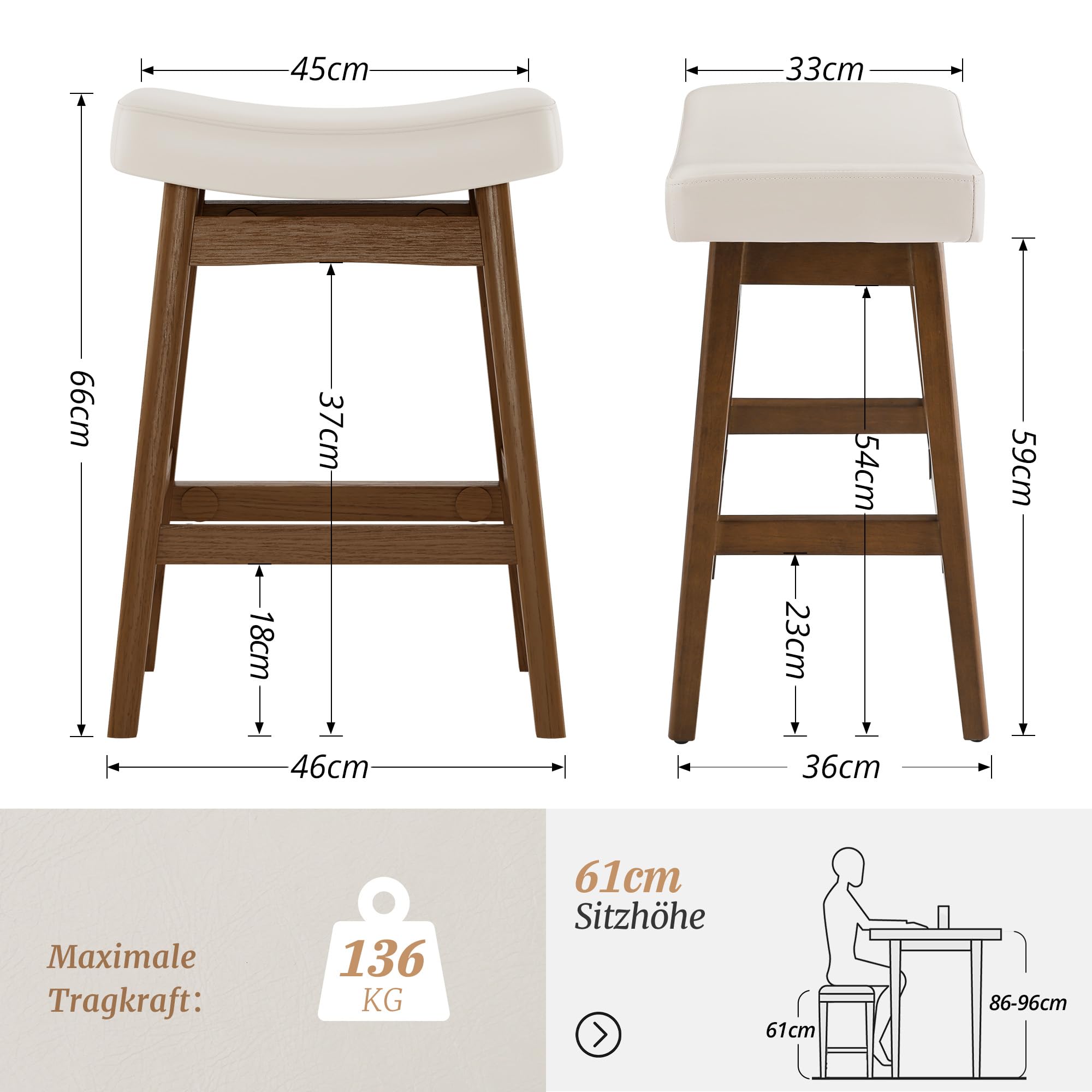 LUE BONA Barhocker 2er Set, 61 cm Hoch,KüChenhocker mit Kunstleder Sitzfläche und Fußstütze,Bar Hocker mit 4 Holzbeinen,Moderner Barstuhl für Küche,Wohnzimmer,Bar,Antikes Weiß