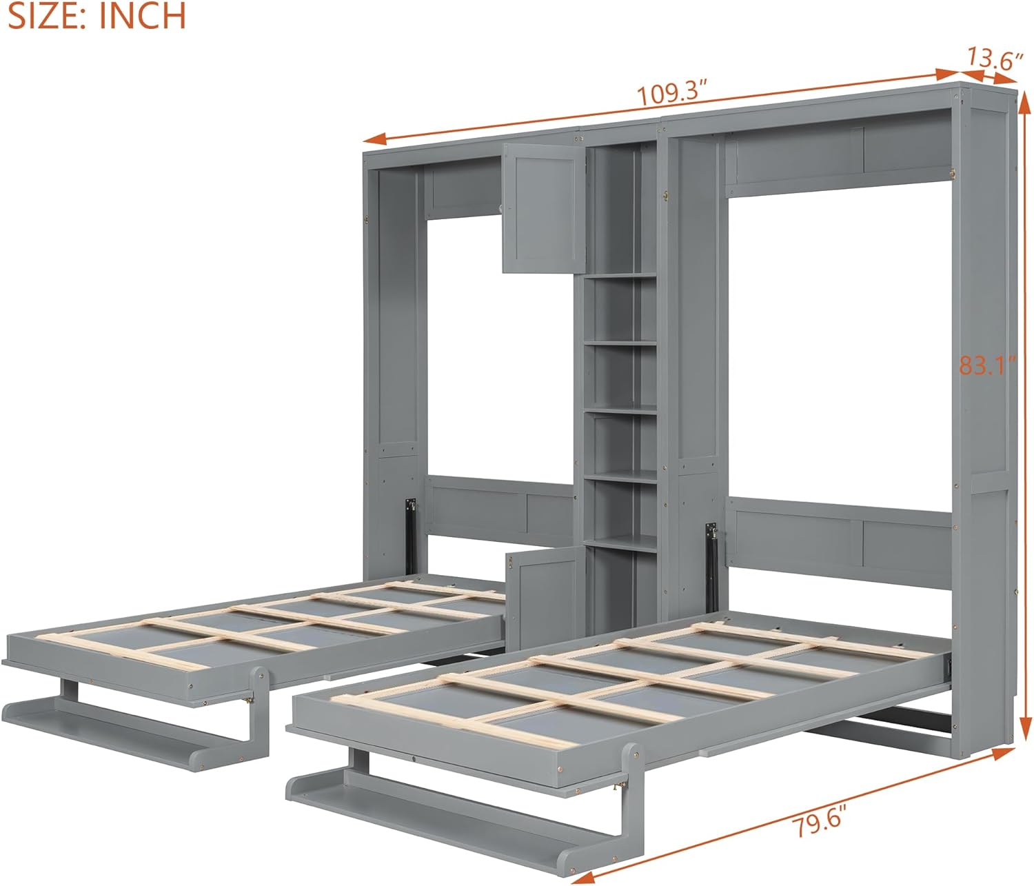 THINK 30 Dual Twin Murphy Bed with beds folded up, showing central storage and shelves.