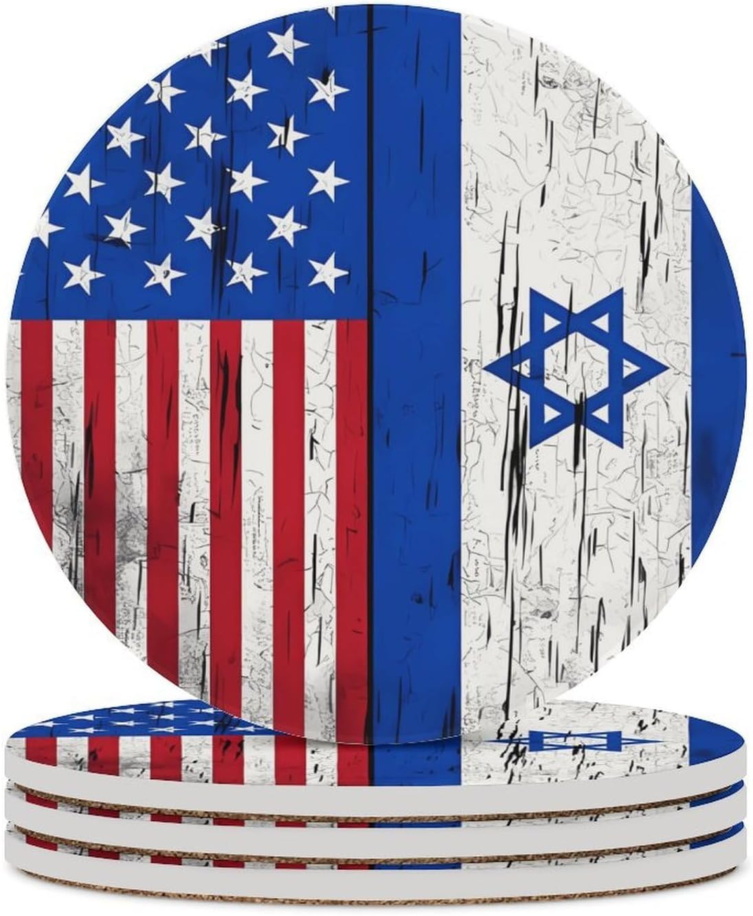 Israel & U.S. Flag Round Ceramic Coasters Print Drinks Absorbent with Cork Base for Home Decor Gifts 4 Inch