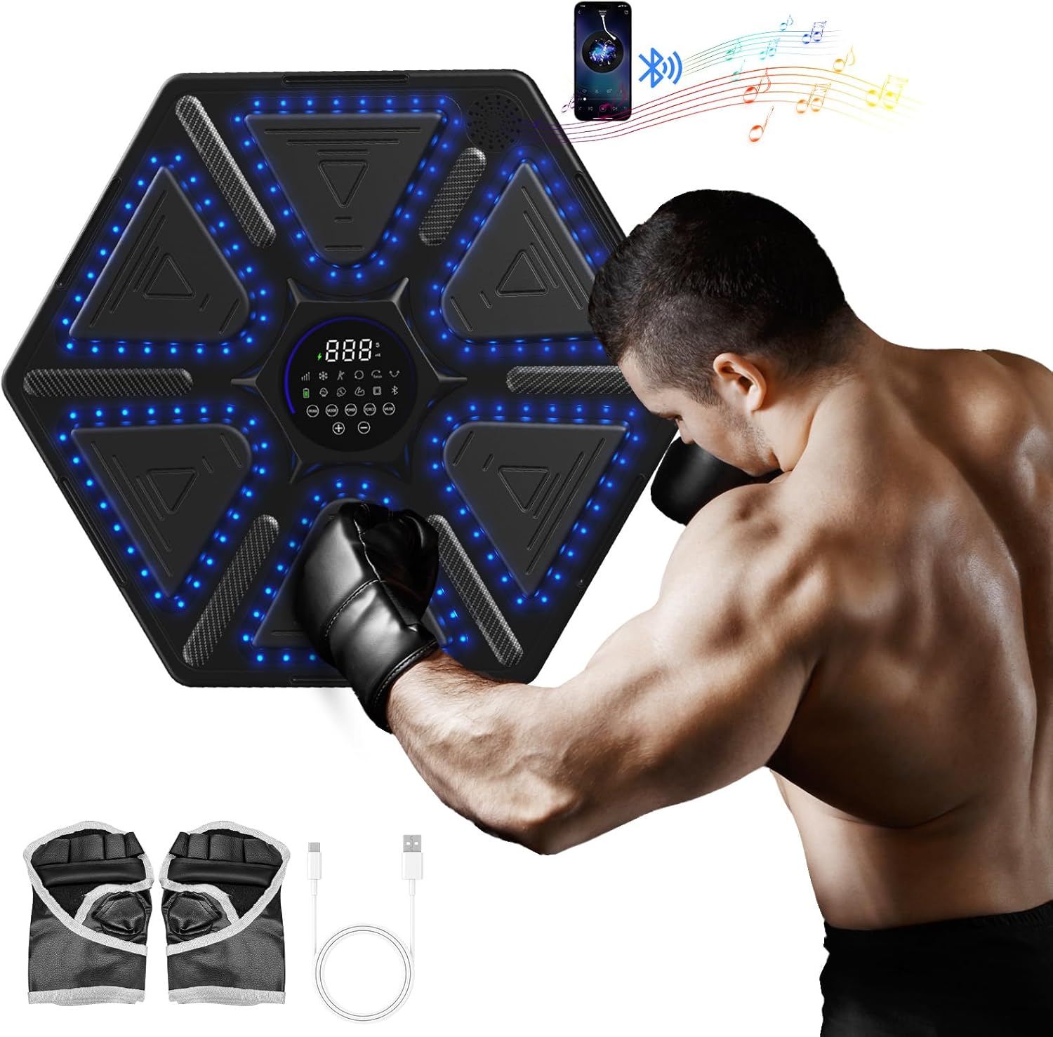 Music Boxing Machine with Force Sensor Heavy-Duty Smart Boxing Training for Adults Kids Wall-Mount Home Boxing Equipment 6 Thicken Punching Pads 10 Speeds Punching Machine for Home Office Gym