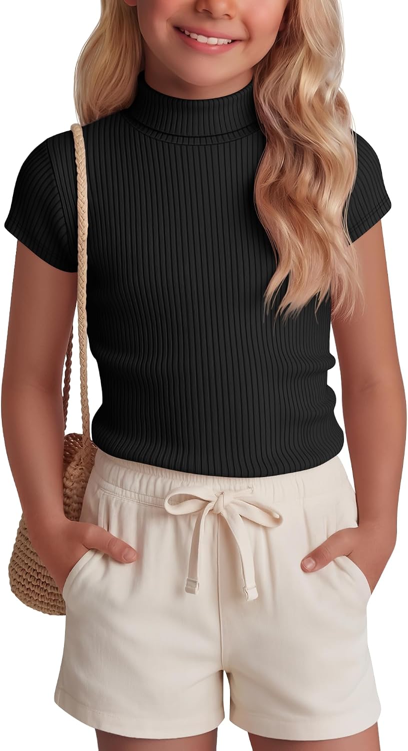 Girl’s Short Sleeve Shirts Kids Cap Sleeve Turtle Neck Tops Fitted Ribbed Tunic Tee Casual Basic Summer Clothes