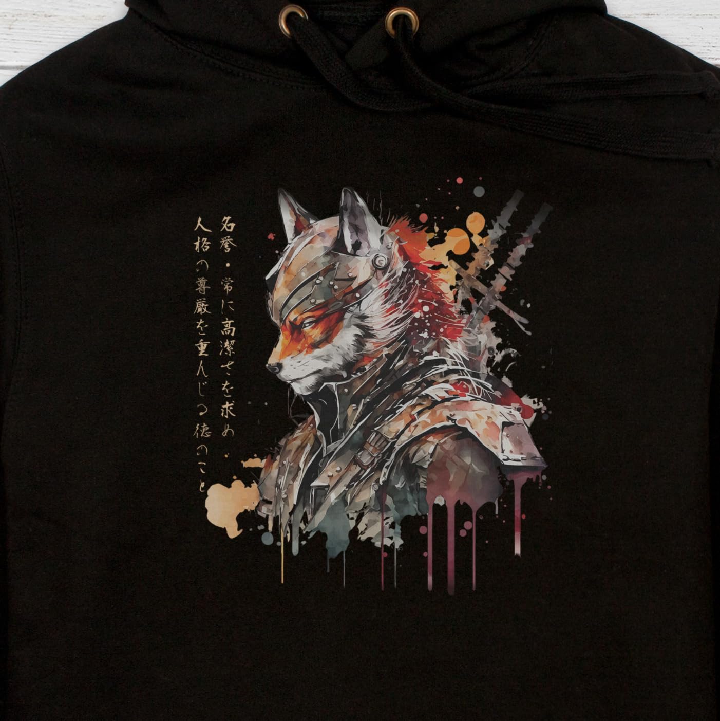 Felpa con cappuccio con stampa di Samurai Fox Kitsune con scritta giapponese