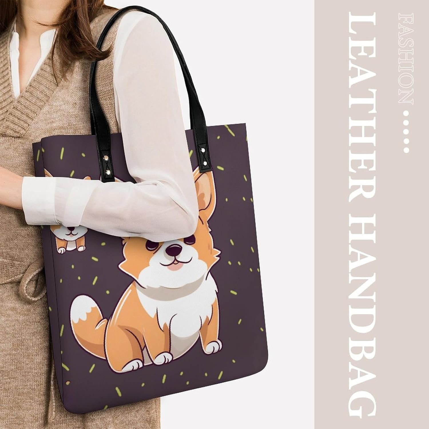 Cute Corgi Handbags Large Capacity, Tote Bag Stylish Slouchy, Shoulder Bags for Work Beach Travel And Shopping Grocery.