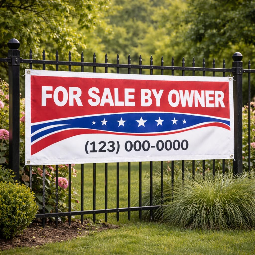 For Sale By Owner Banner 48 x 21 Inch, Heavy Duty Waterproof Outdoor Vinyl FSBO Sign with Write-On Phone Number Area, 4 Grommets, Includes 4 Zip Ties, UV Resistant Yard Sign (Red)