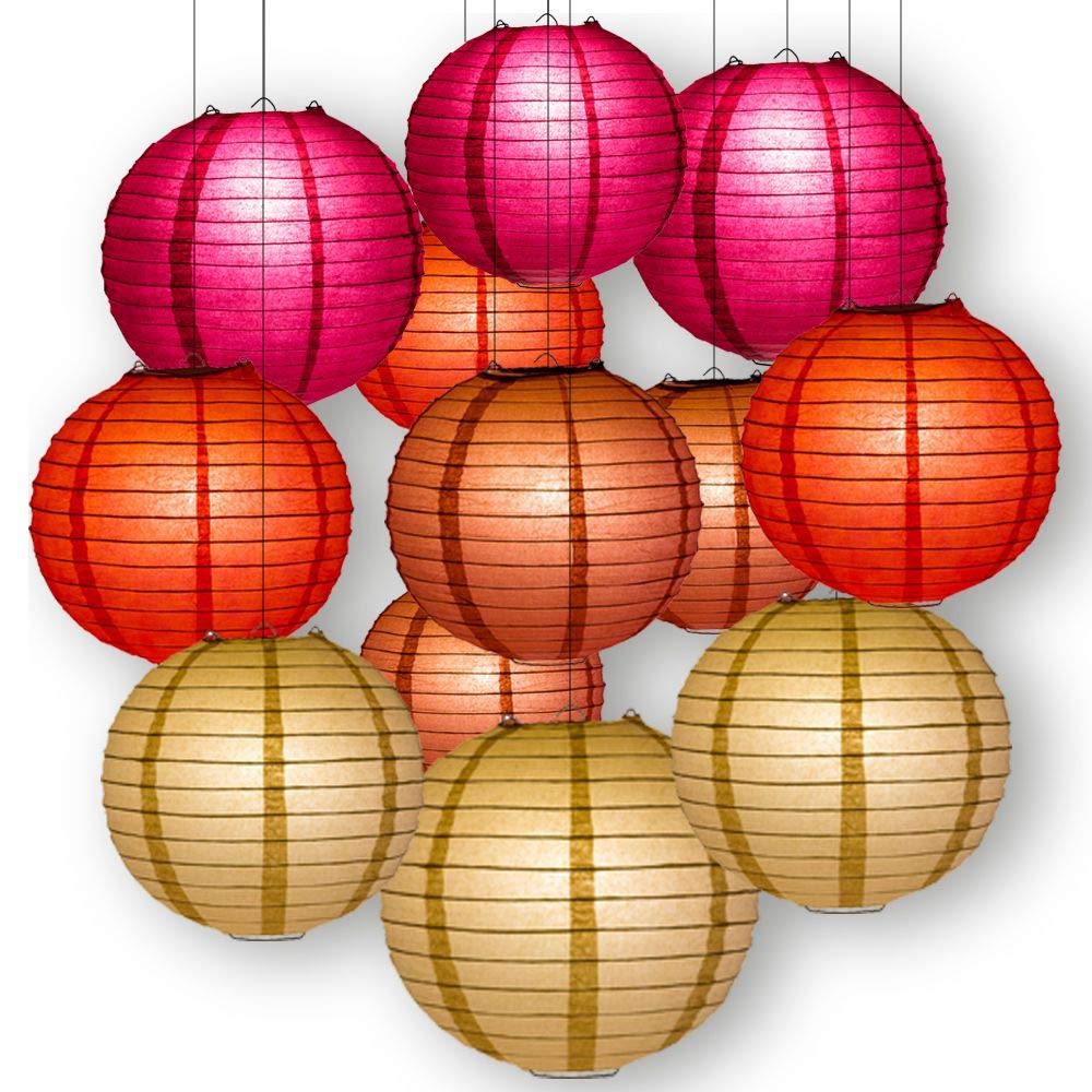 Paperlanternstore.com Red Color Party Pack Parallel Ribbed Paper Lantern Combo Set (12 pc Set)