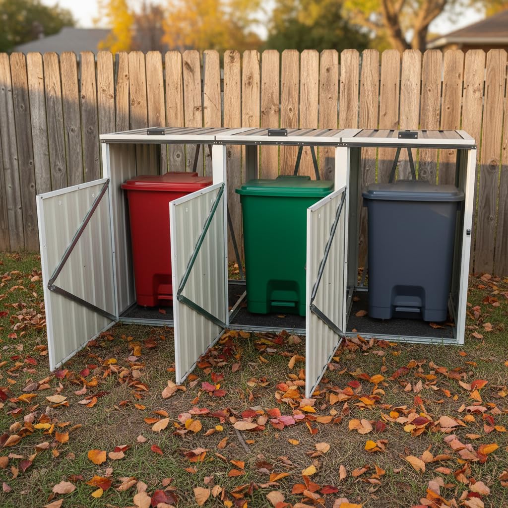 Soporte para cubos de basura de metal, apto para cubos de basura de 240 l y pequeños contenedores de basura, techo protector impermeable para exteriores, armario de herramientas estable para jardín
