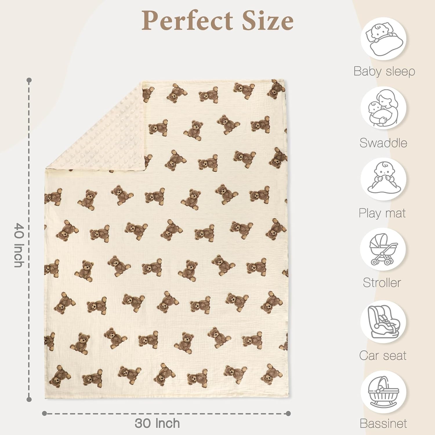 Hooyax Muslin Baby Blanket 30x40, Double-Sided Soft Bear Print Blanket with Plush & Dotted Backing, Swaddle Receiving Blanket for Travel, Stroller, Crib, Nursery, Baby Gift