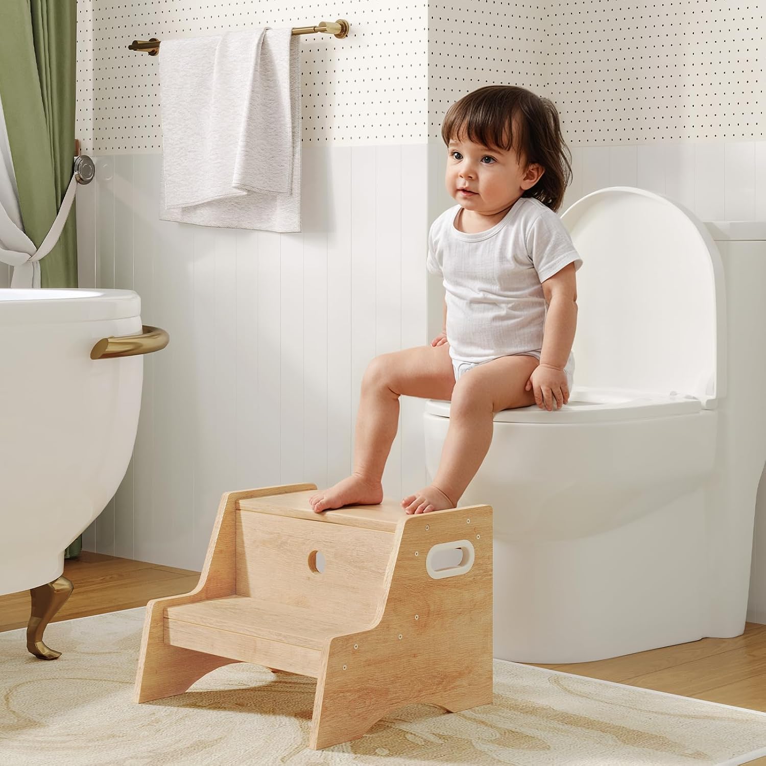 HOOBRO Step Stool for Kids Bundle, Wooden Two Step Toddler's Stool, Kids Potty Training Stool, Non-Slip Pads for Safety with Handles, Easy to Move, for Sink, Bathroom, Bedroom, BF01JD01G1-NL05JD01