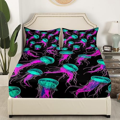 Miniatura 3 de Juego de sábanas de medusa verde azulado morado para niños y niñas, sábanas de animales marinos náuticos, sábana bajera bajo el agua de criaturas