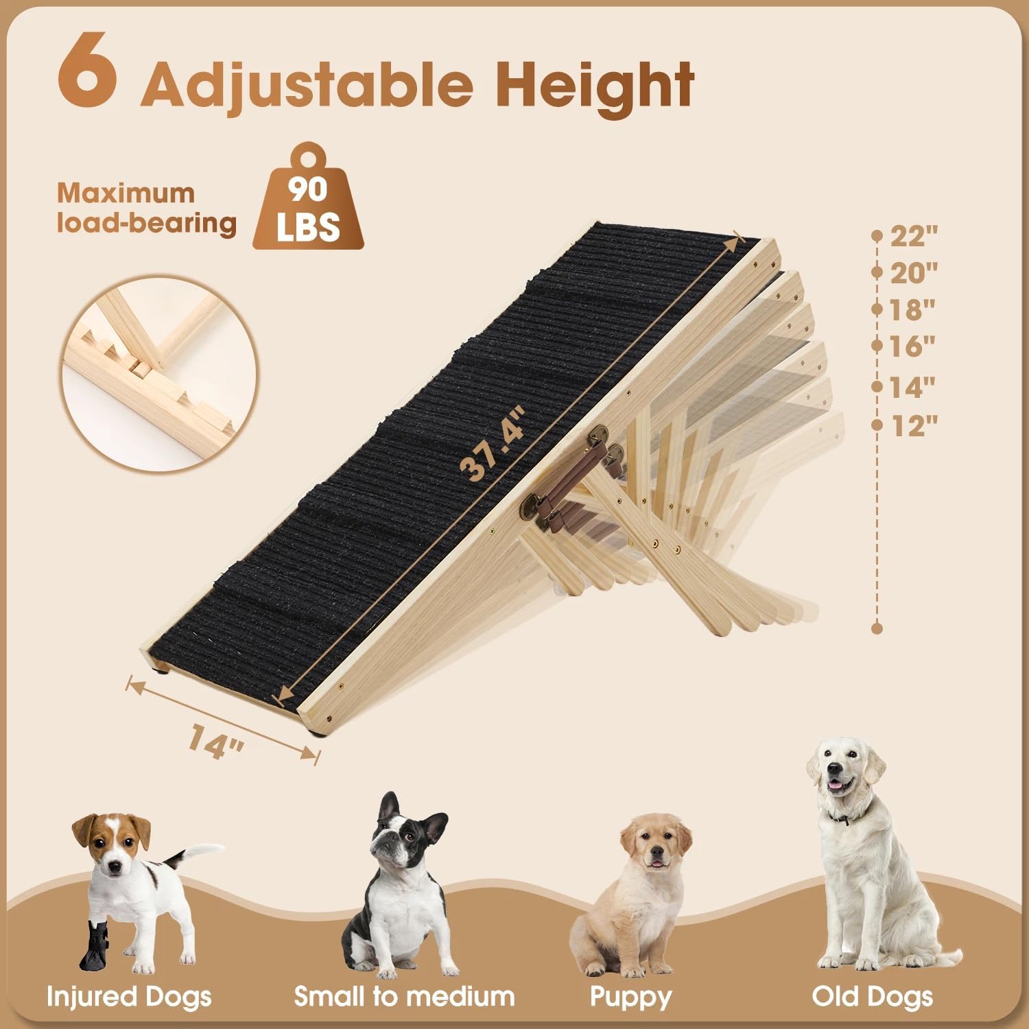 Dog Ramp for Couch, Wooden Dog Ramp for Low Bed,Sofa,Stairs , 6 Adjustable Height from 12'' to 22, Portable Stable Pet Steps with Non-Slip Pad for Small Medium Dogs Old Dogs & Cats, up to 90 lbs