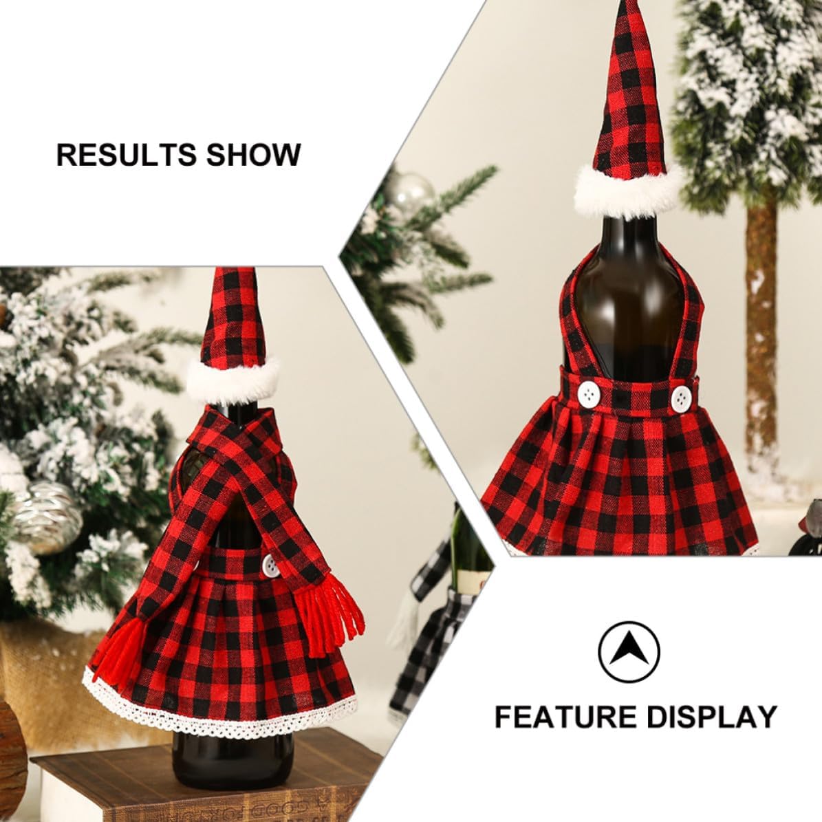 Funny Plaid Wine Bottle Dress Suit Set with Hat and Scarf, Decorative Cloth Cover for Wine Bottles, Mini Size, for Christmas Holiday Party Decor and Photo Taking