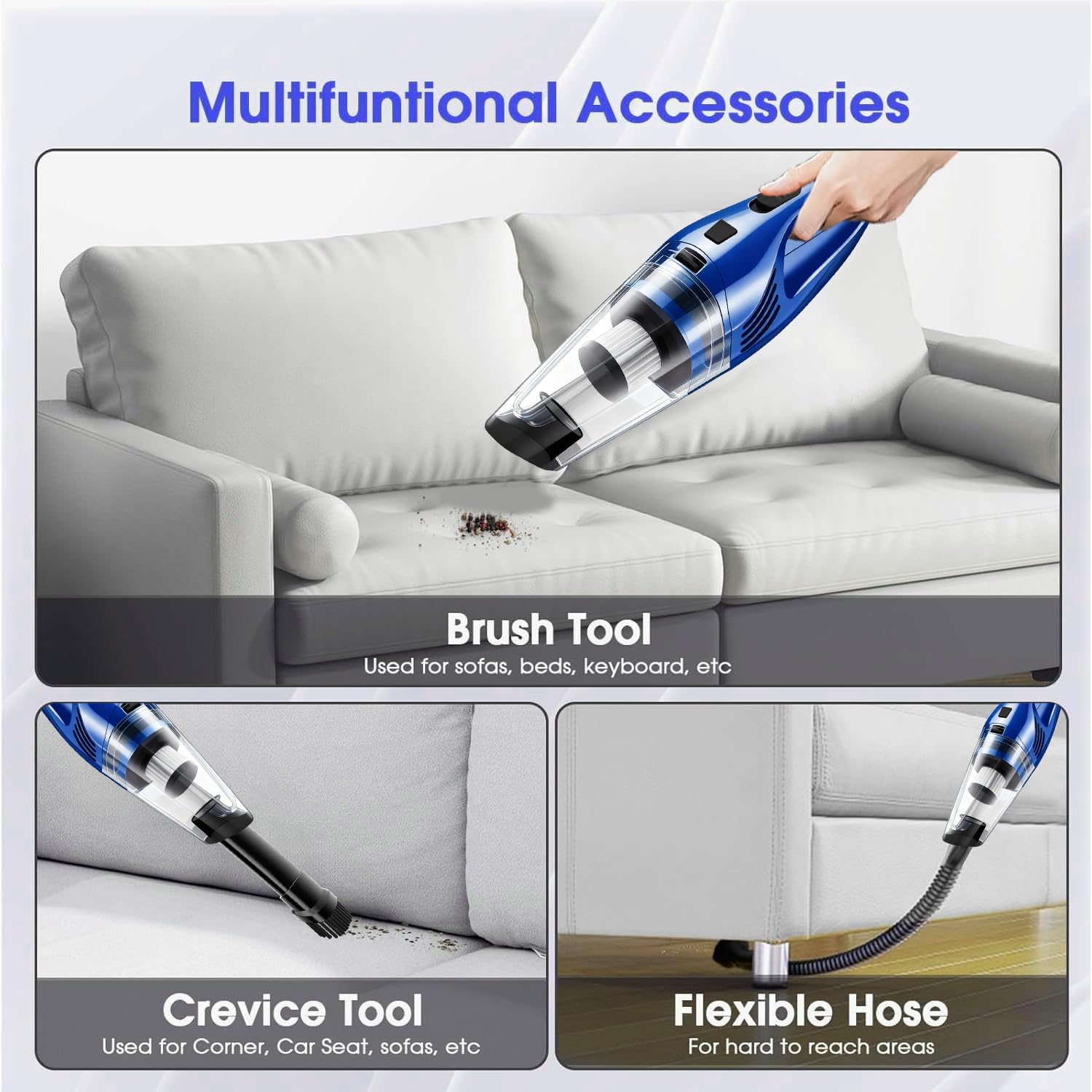 Car Vacuum Portable Cordless – 9000PA Strong Suction, Lightweight & Rechargeable – Includes Multi-Nozzle Attachments for Car, Home, Office, and Pet Hair – Compact & Powerful Azure Vacuum