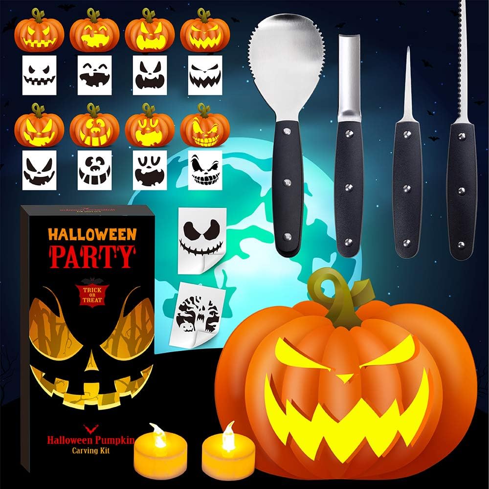 EPLST Halloween Pumpkin Carving Kit, 4 Pieces Heavy Duty Professional Stainless Steel Carving Tools Set for Halloween Decorations, Included 2 LED Candles & 10 Carving Stencils, Easily Sculpting-Black